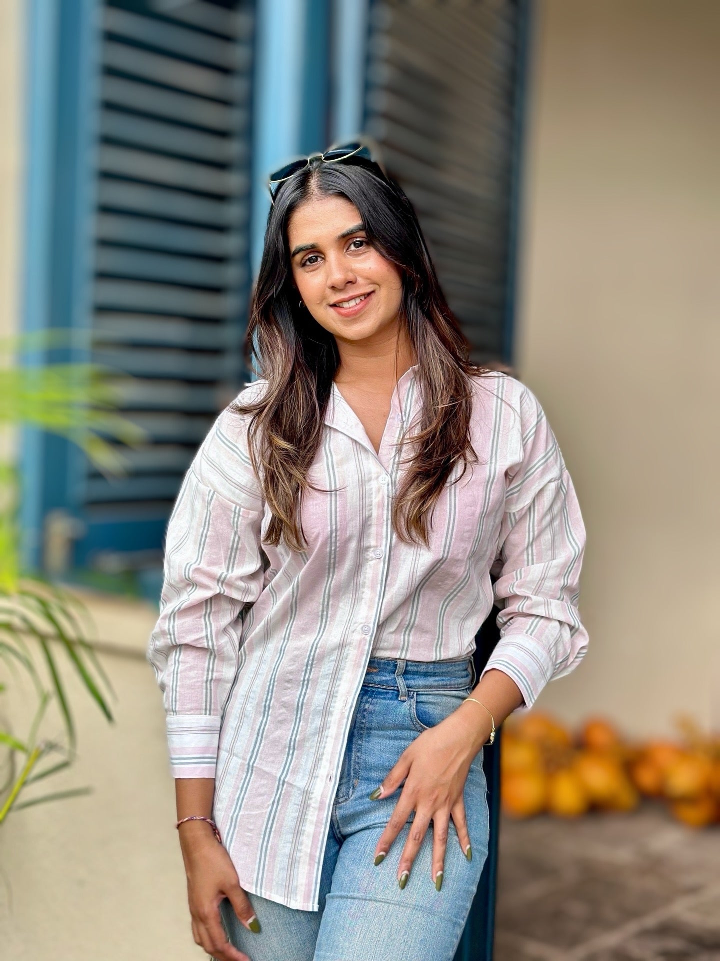 Naomi Cotton Drop Shoulder Striped Shirt- Pink