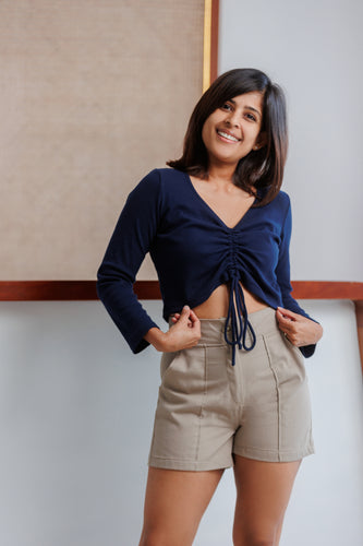 Liora Front Ruched Ribb Top - Dark Navy Blue