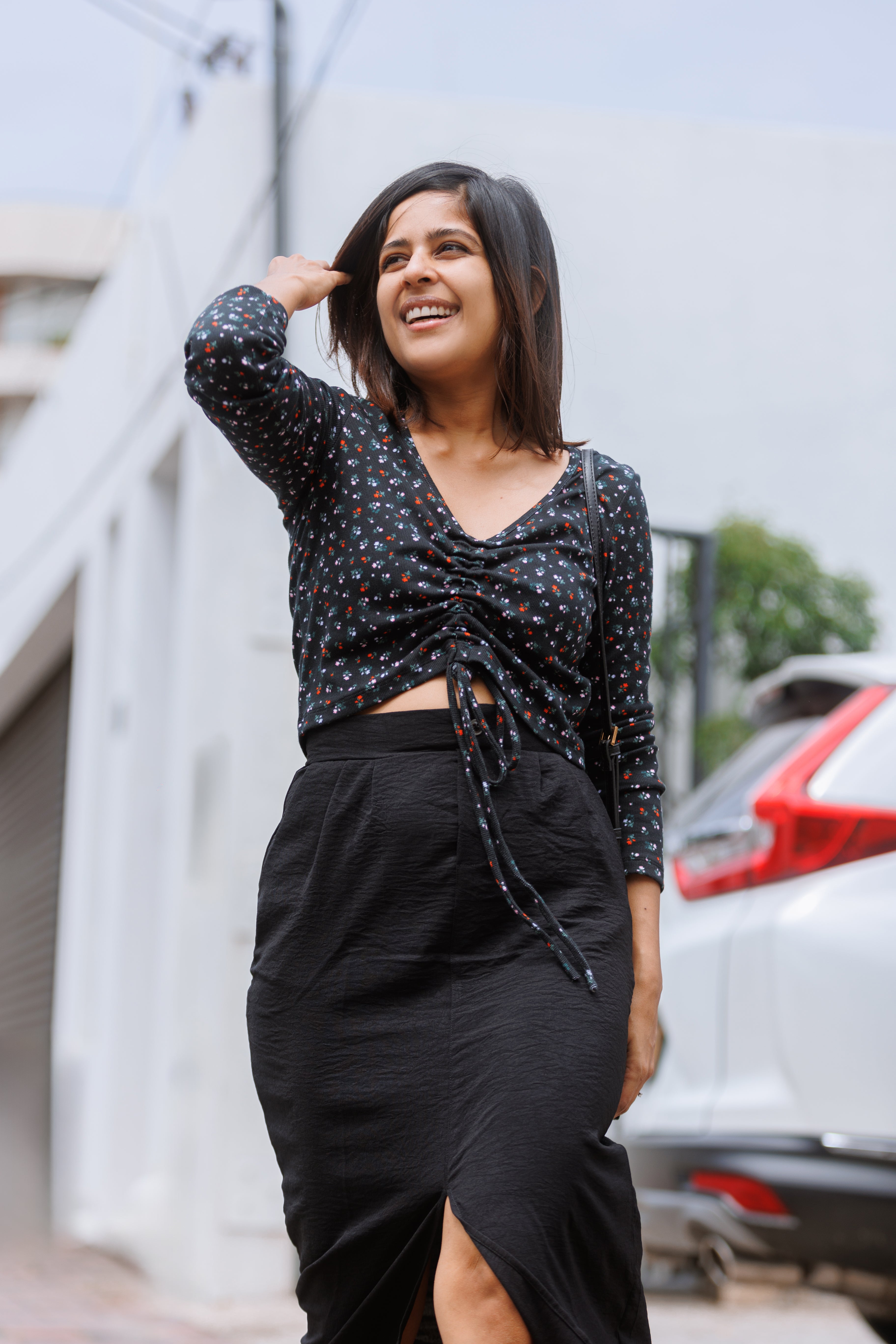 Liora Front Ruched Ribb Top - Floral Printed