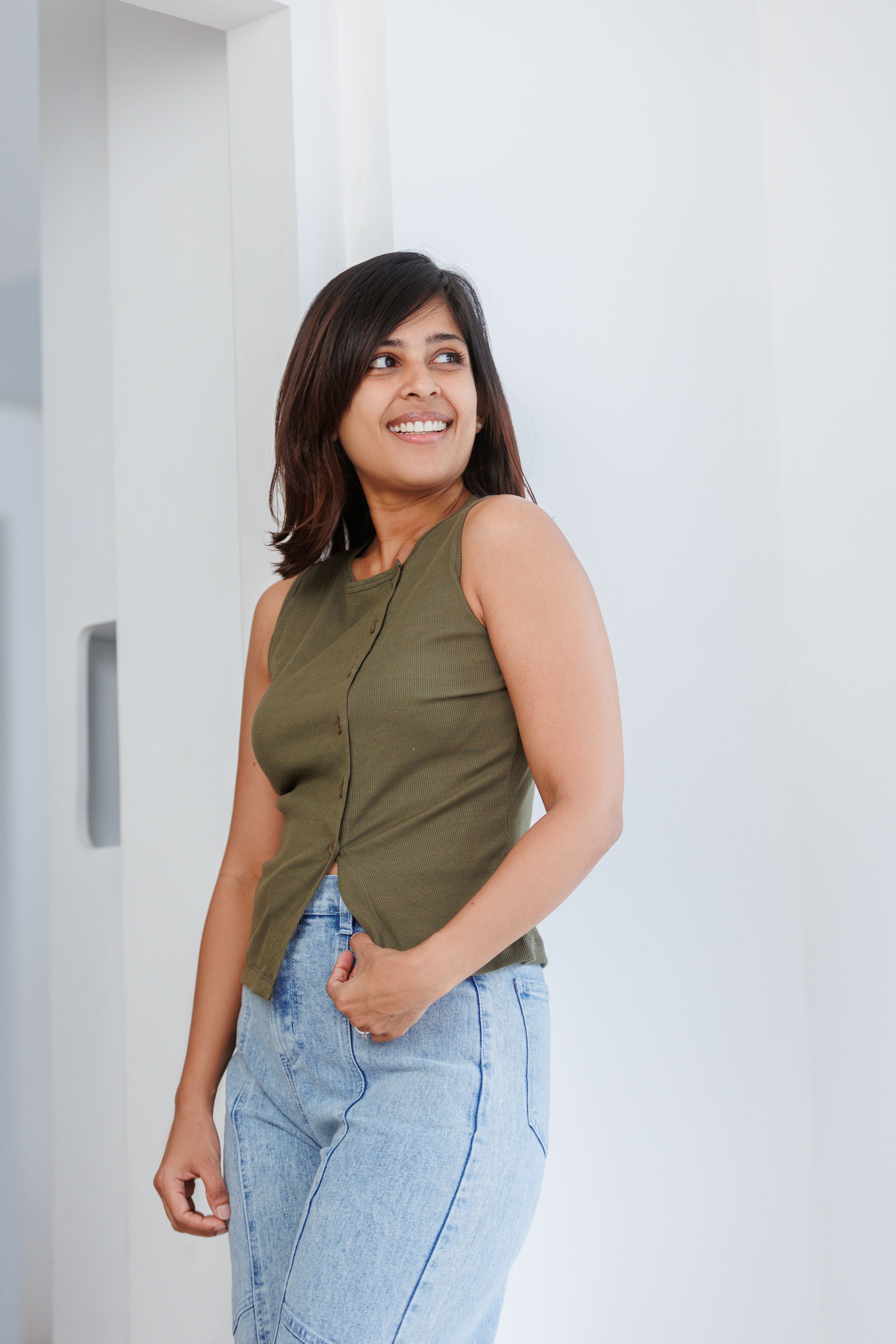 Soleli Assymetric Buttondown Ribbed Top - Olive