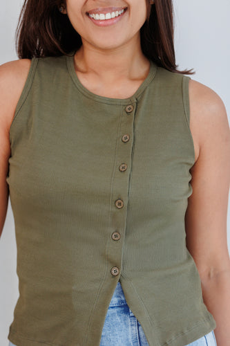 Soleli Assymetric Buttondown Ribbed Top - Olive