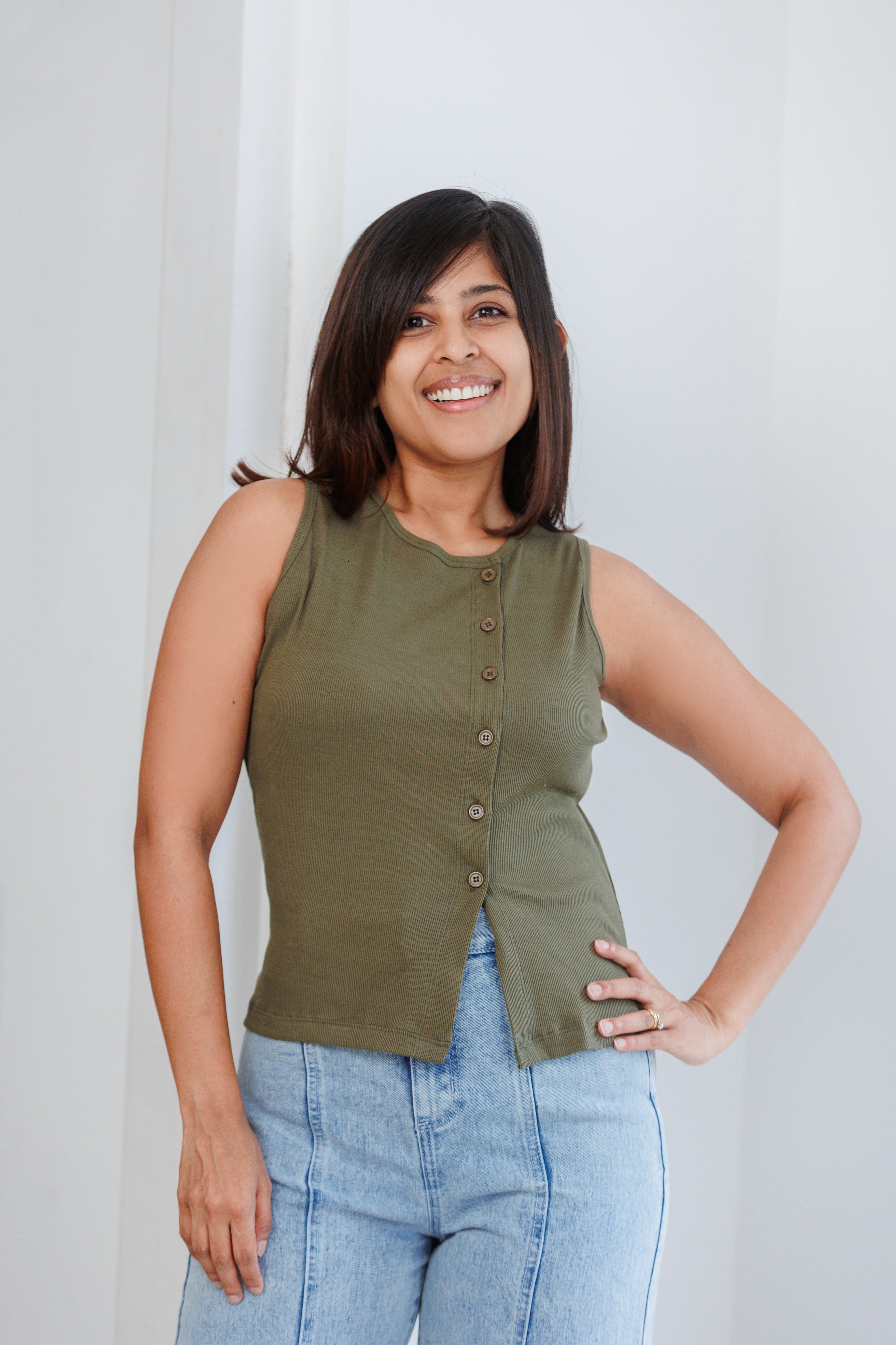 Soleli Assymetric Buttondown Ribbed Top - Olive