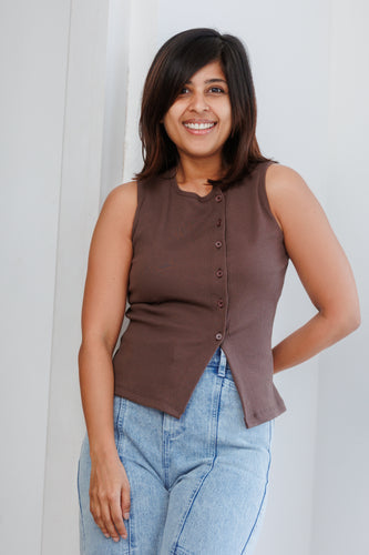 Soleli Assymetric Buttondown Ribbed Top - Brown