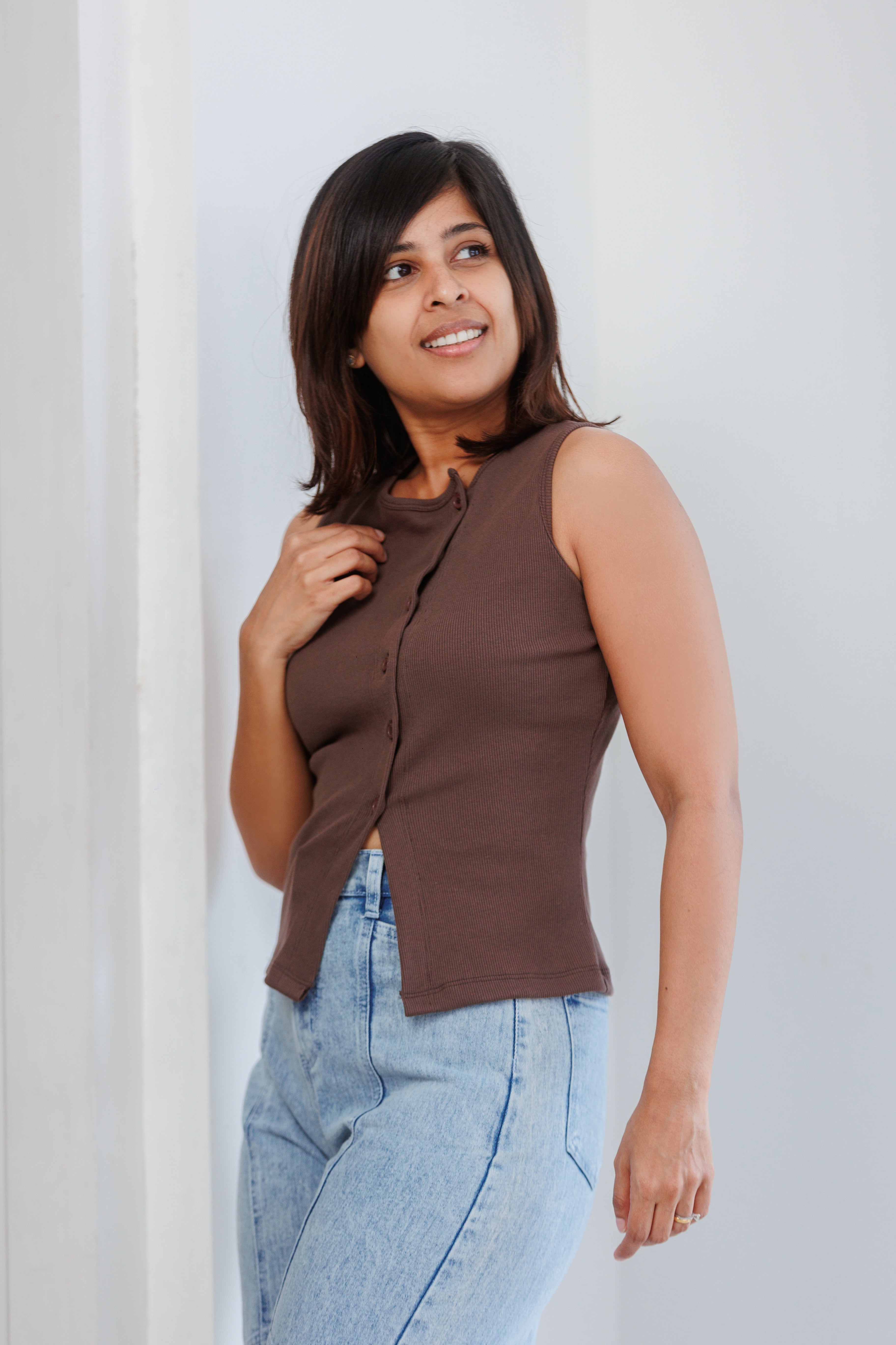 Soleli Assymetric Buttondown Ribbed Top - Brown