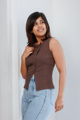 Soleli Assymetric Buttondown Ribbed Top - Brown