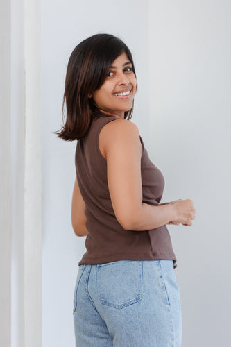 Soleli Assymetric Buttondown Ribbed Top - Brown