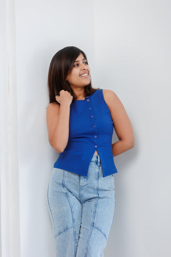 Soleli Assymetric Buttondown Ribbed Top - Blue