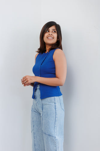 Soleli Assymetric Buttondown Ribbed Top - Blue