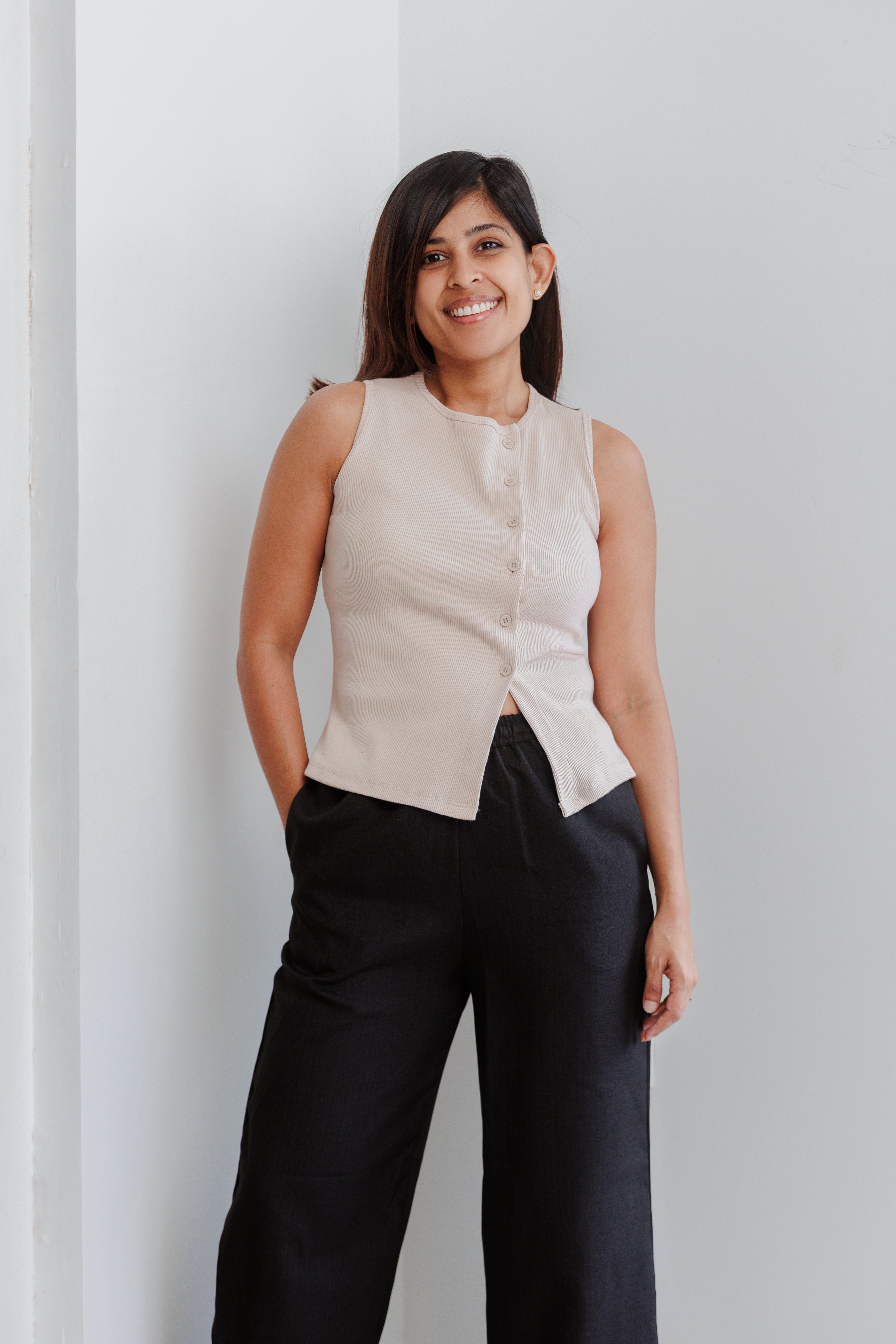 Soleli Assymetric Buttondown Ribbed Top - Beige