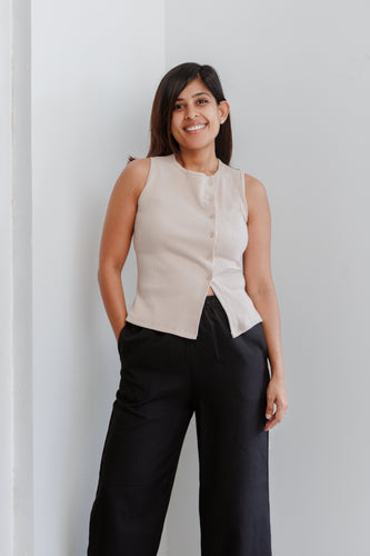 Soleli Assymetric Buttondown Ribbed Top - Beige