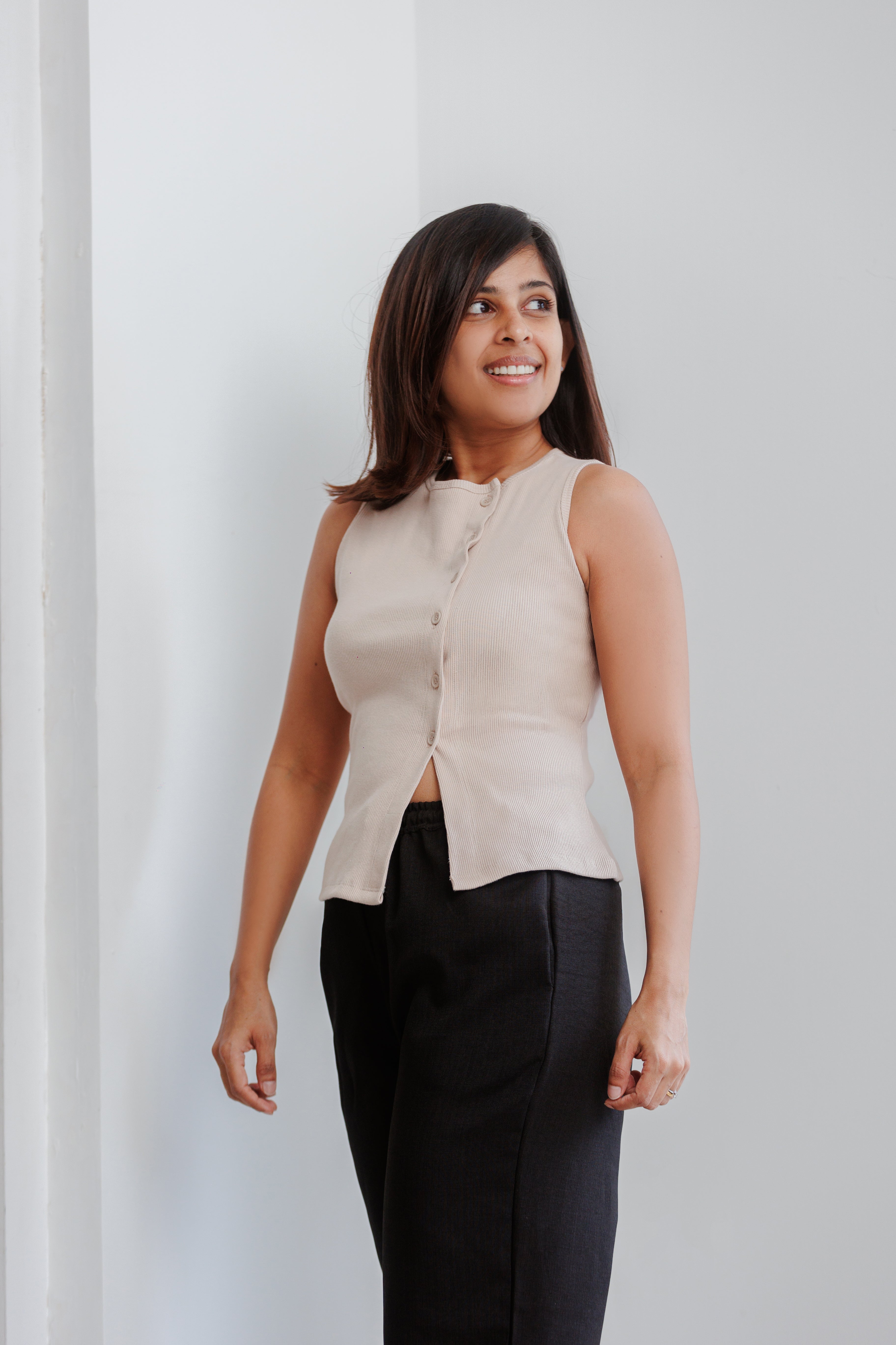 Soleli Assymetric Buttondown Ribbed Top - Beige