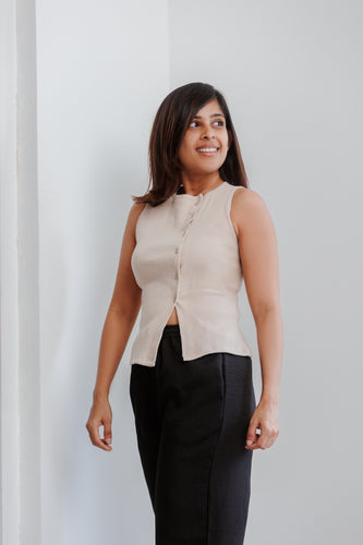 Soleli Assymetric Buttondown Ribbed Top - Beige