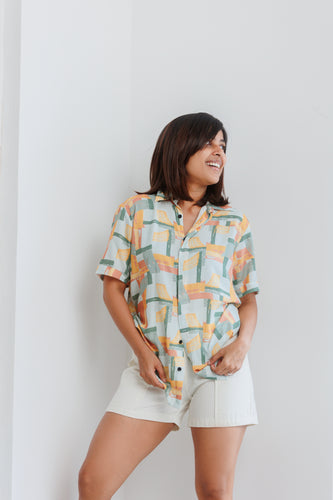 Jordy Abstract Printed Cotton Resort Unisex Shirt - Orange Mixed Print