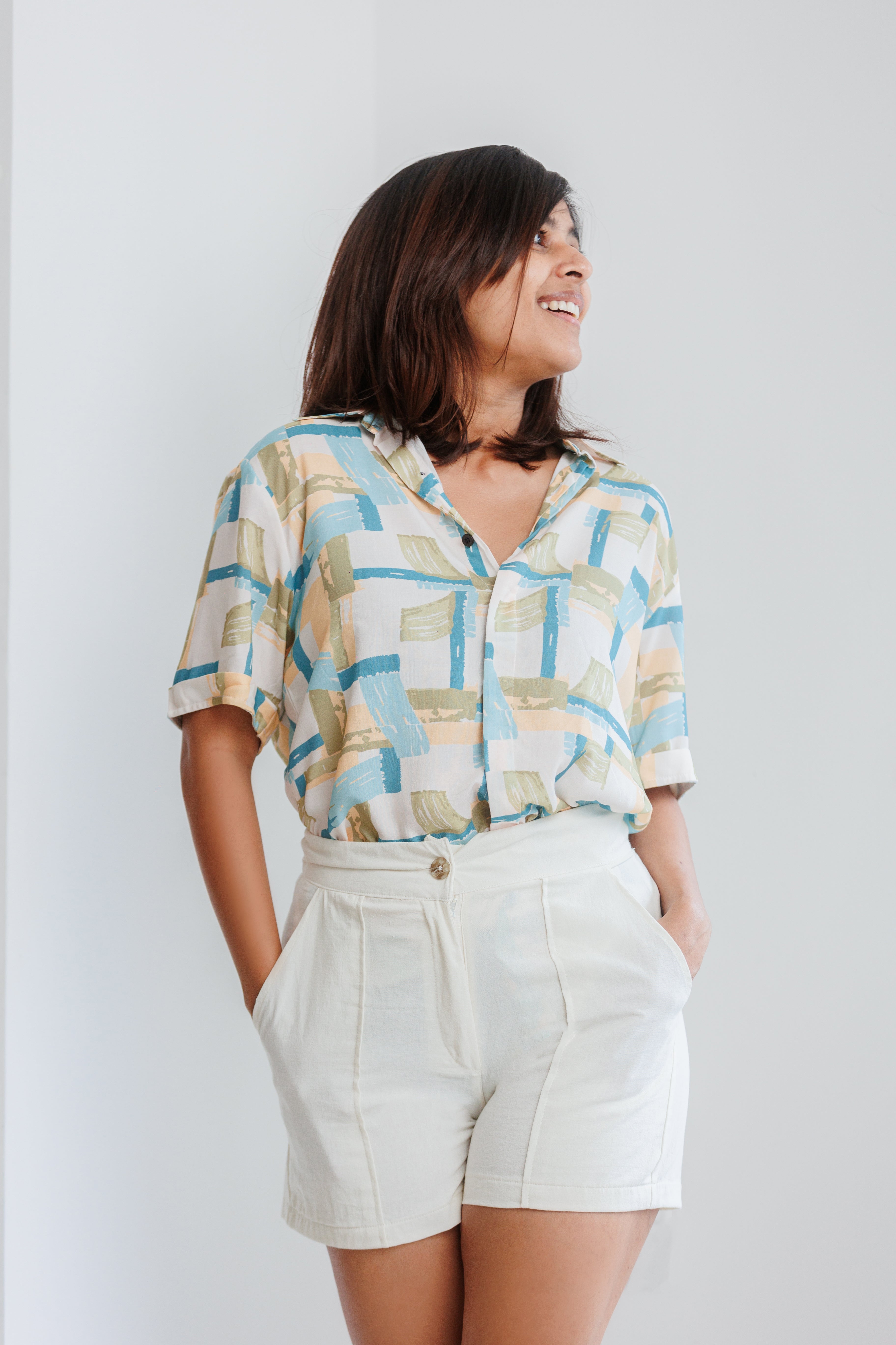 Jordy Abstract Printed Cotton Resort Unisex Shirt - Mint Blue Mixed Print