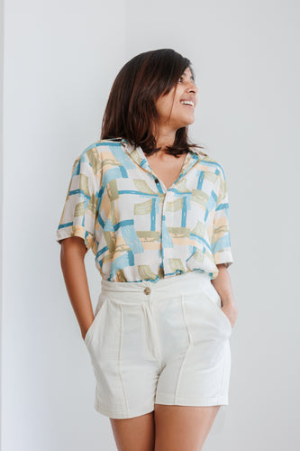 Jordy Abstract Printed Cotton Resort Unisex Shirt - Mint Blue Mixed Print