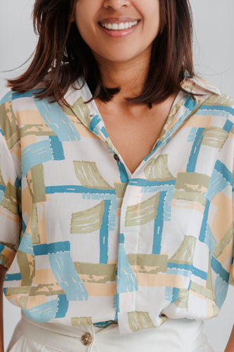 Jordy Abstract Printed Cotton Resort Unisex Shirt - Mint Blue Mixed Print