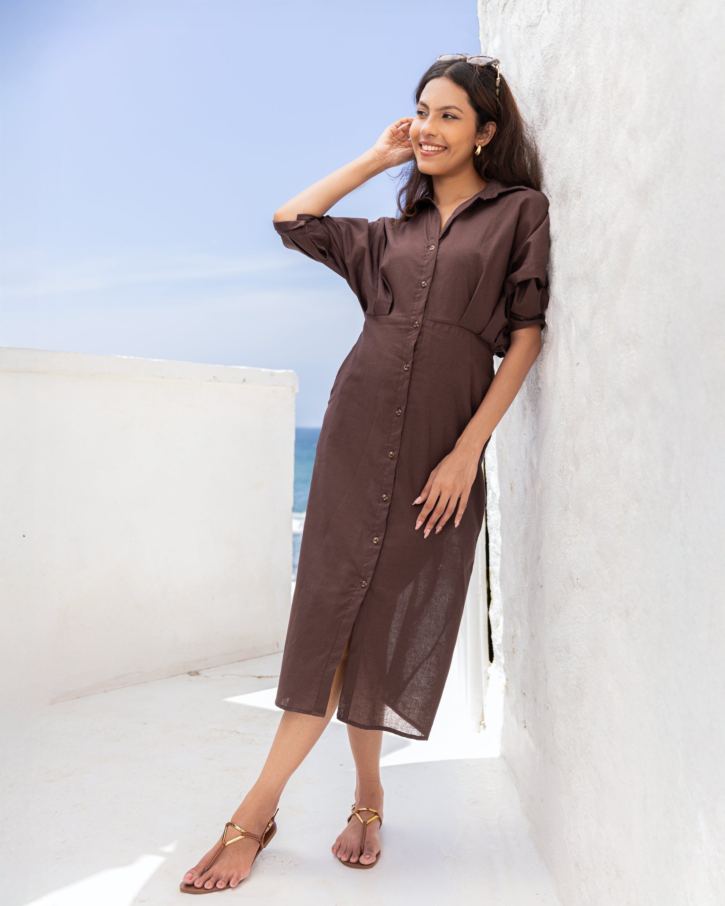 Oprah Cotton Midi Length Dress - Coco Brown