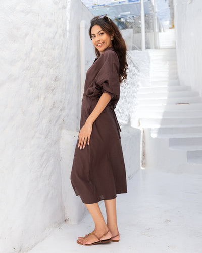 Oprah Cotton Midi Length Dress - Brown
