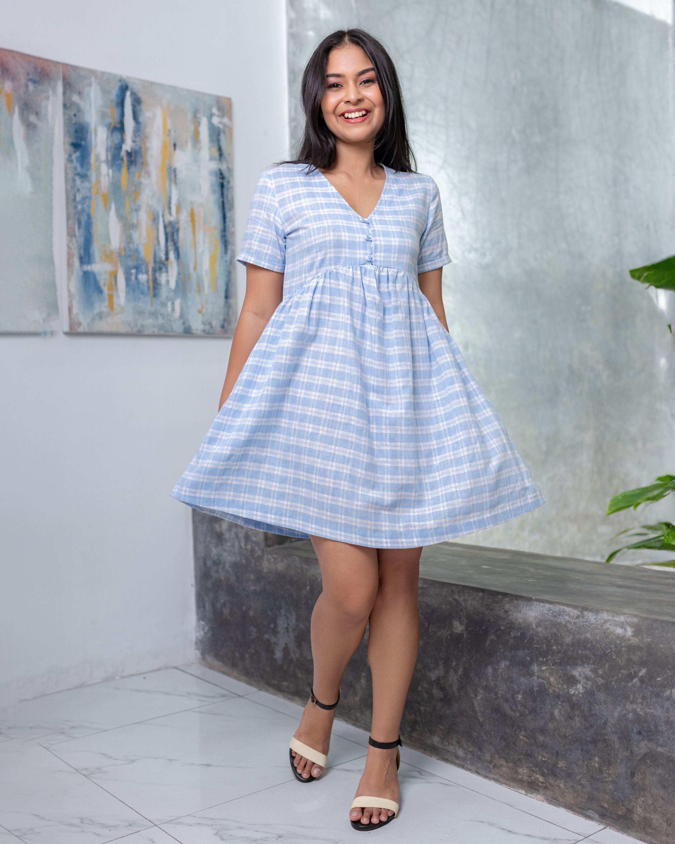 Poppy Checked Dolly Dress - Blue check