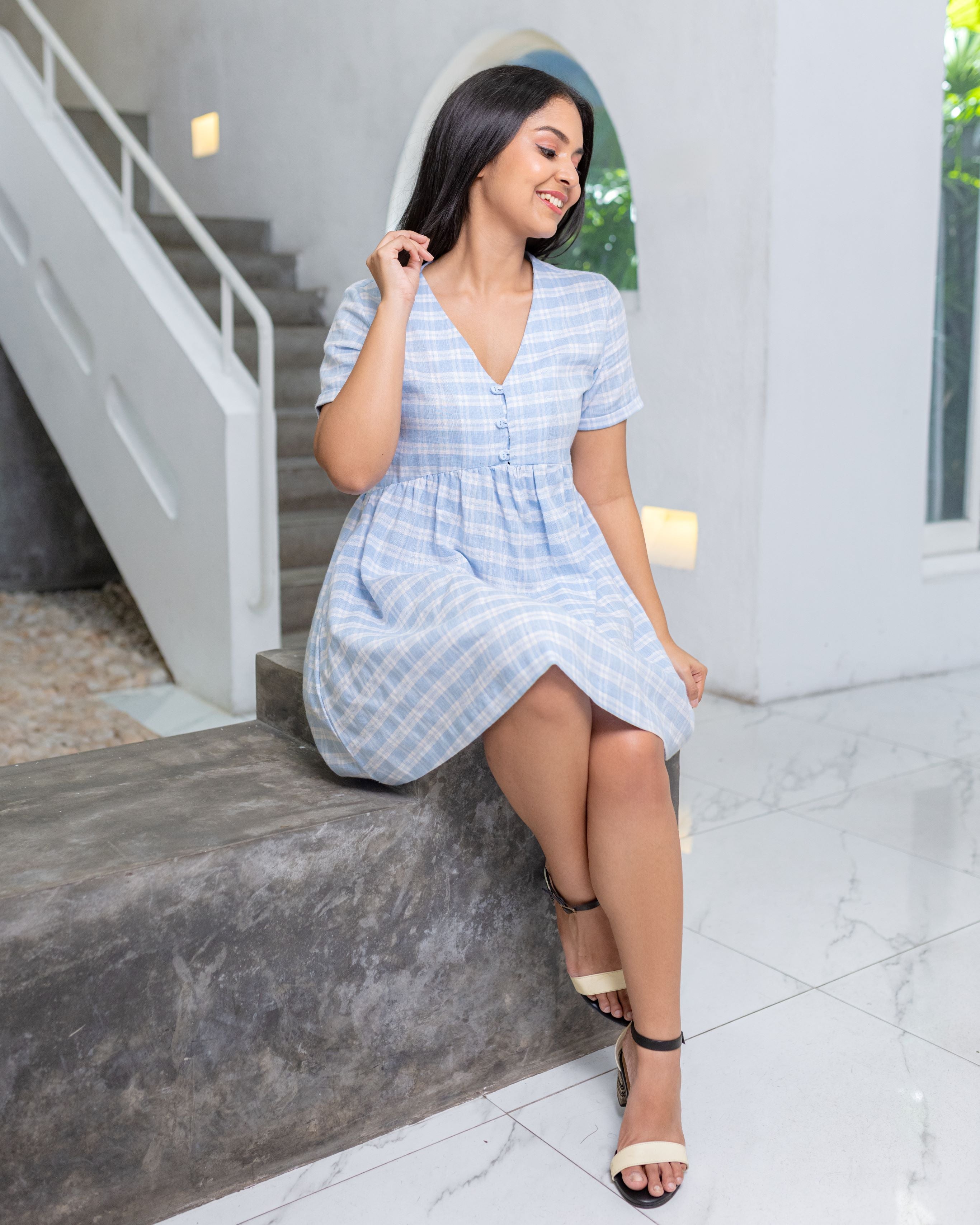 Poppy Checked Dolly Dress - Blue check