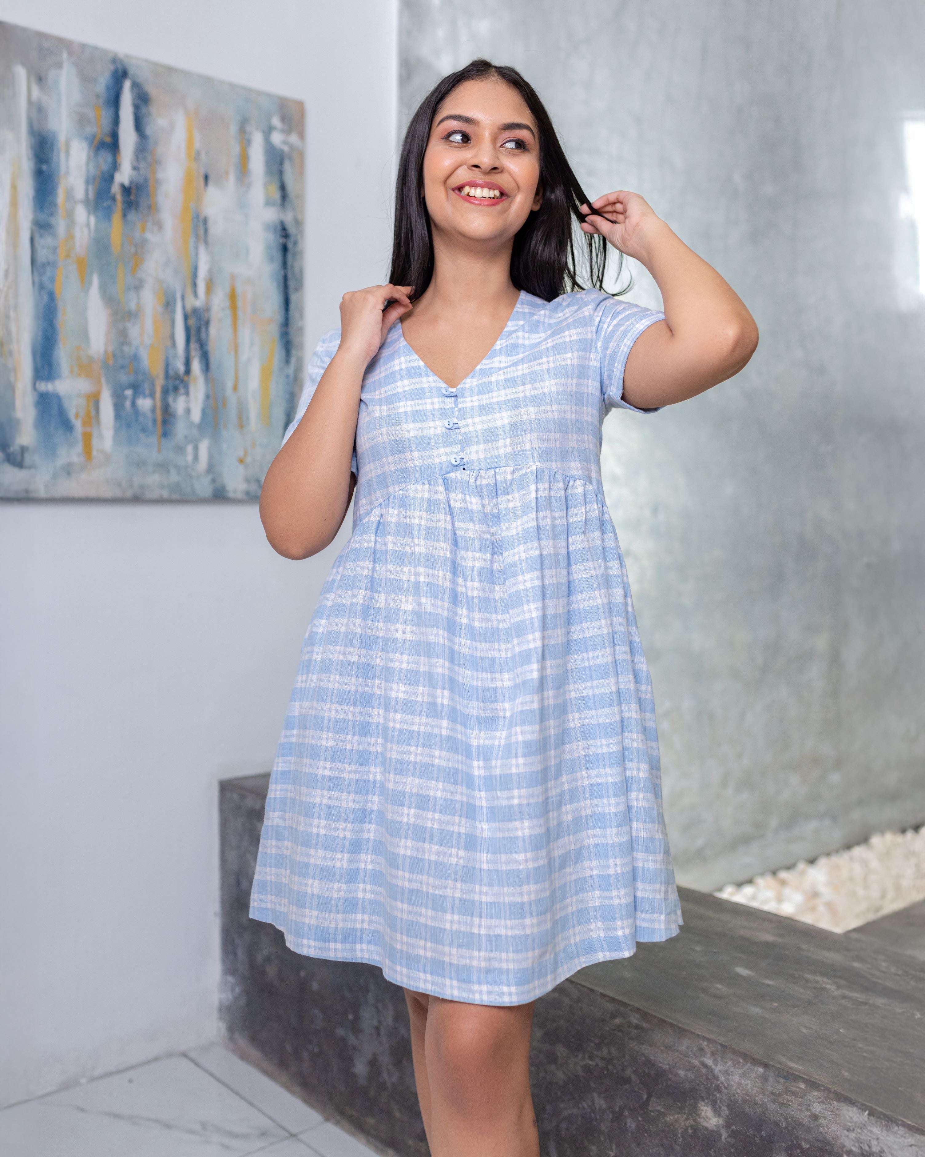 Poppy Checked Dolly Dress - Blue check