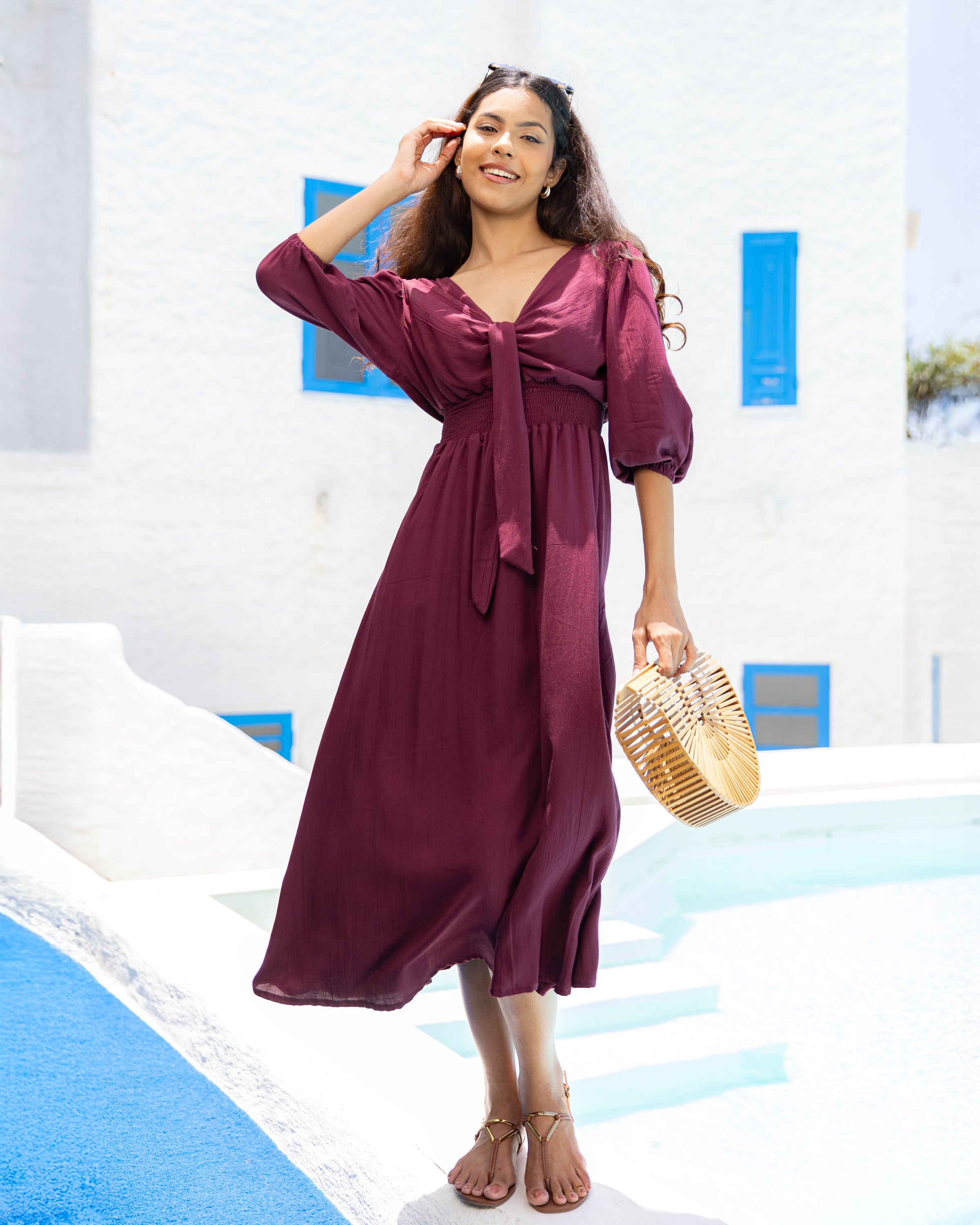 Dianne Smocked Front Tie Midi Dress - Magenta