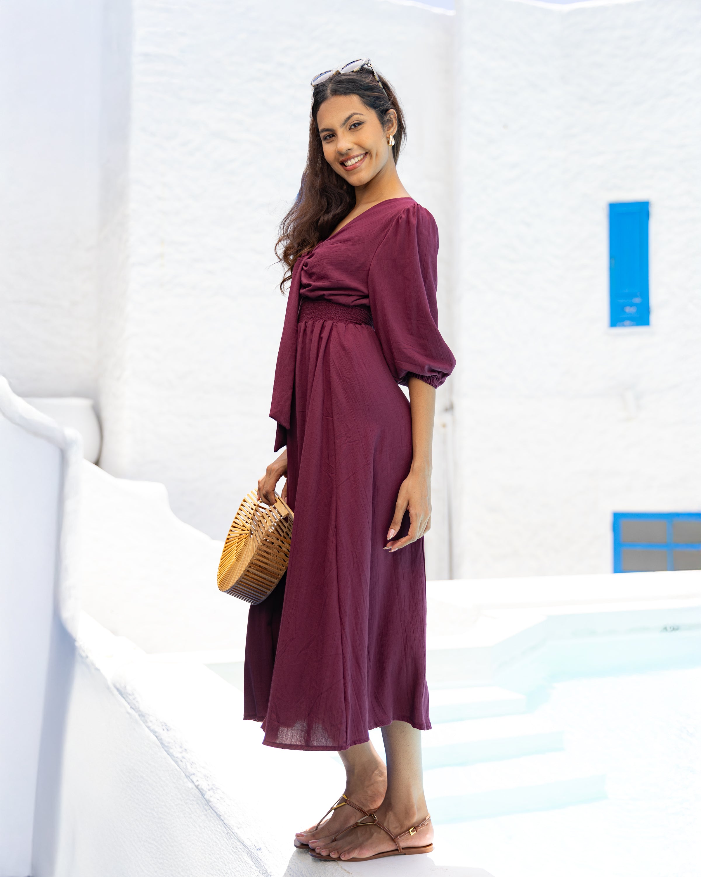 Dianne Smocked Front Tie Midi Dress - Magenta