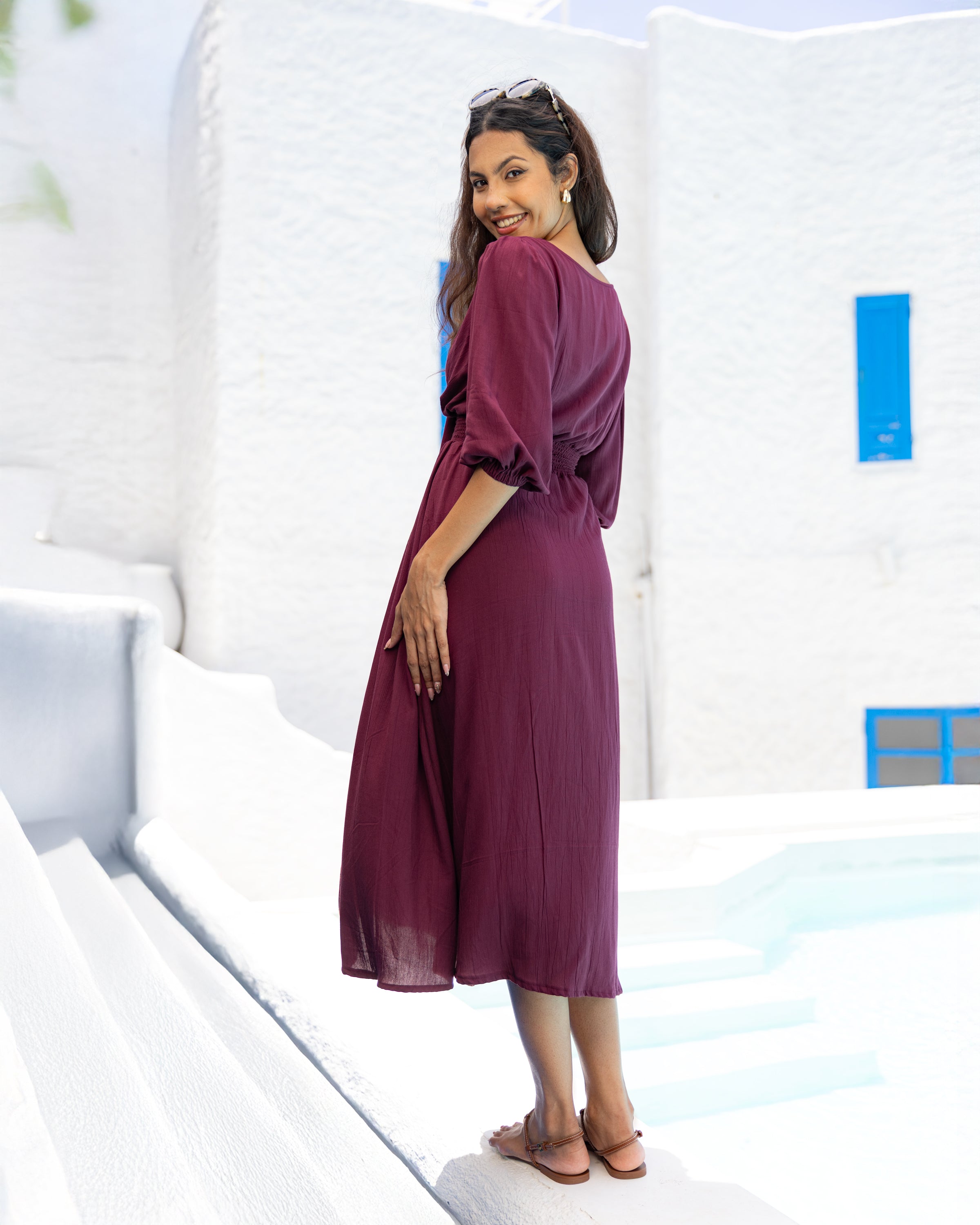 Dianne Smocked Front Tie Midi Dress - Magenta