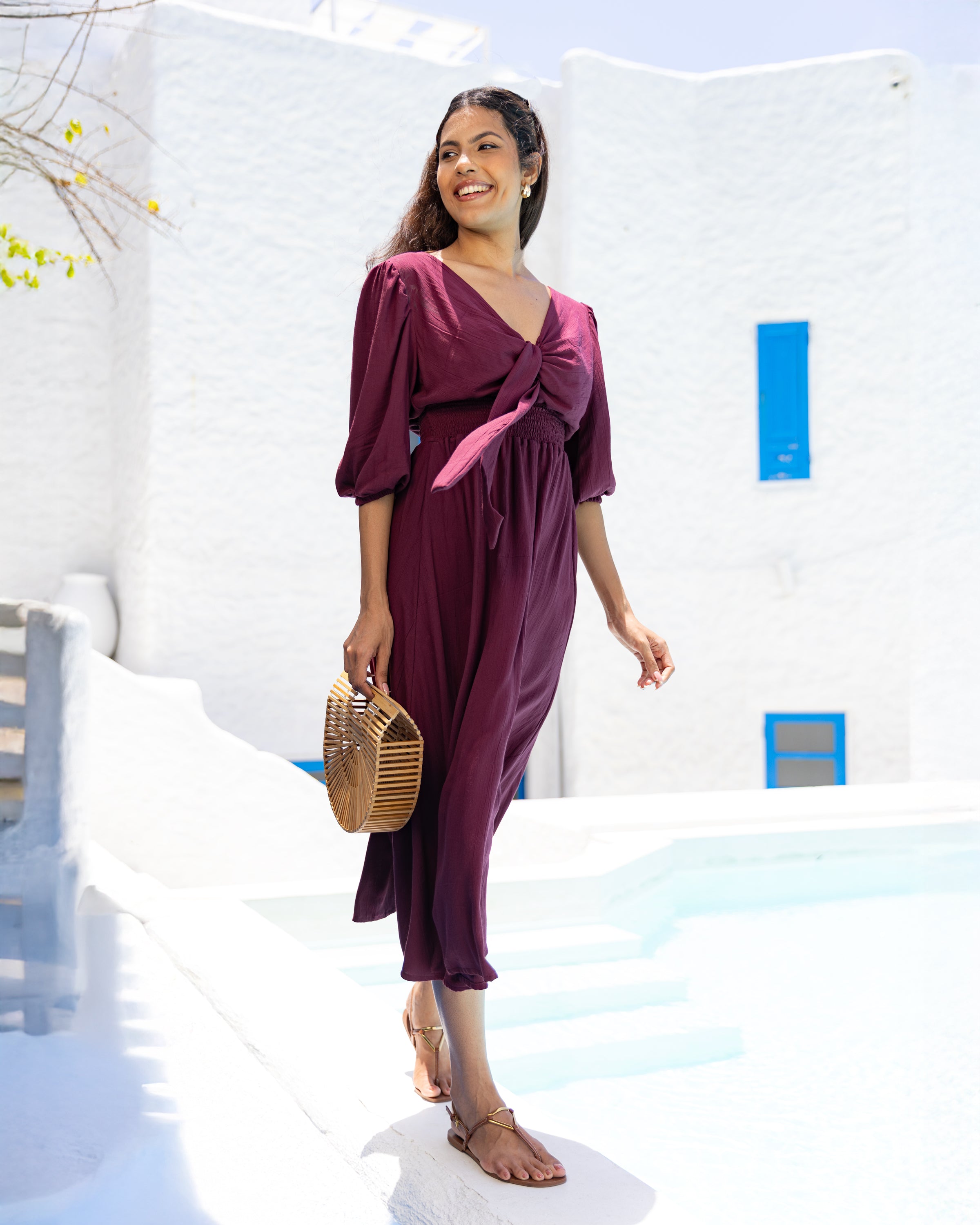 Dianne Smocked Front Tie Midi Dress - Magenta