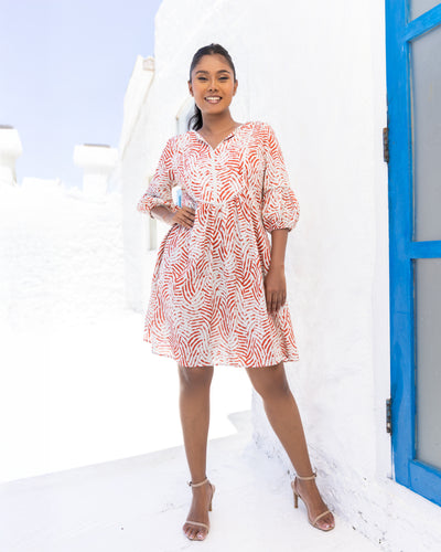 Calista Lace Detail Dress - Red Print