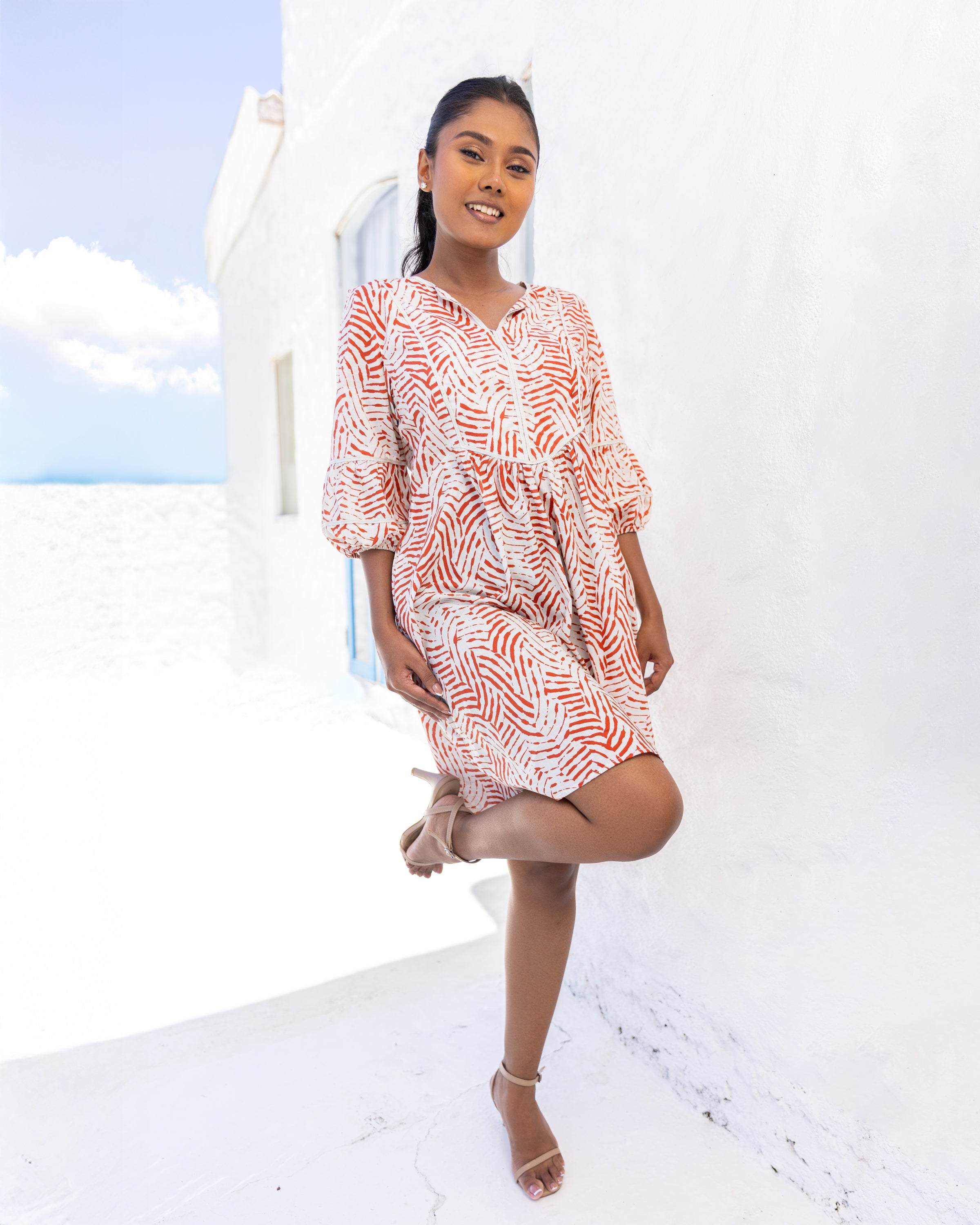 Calista Lace Detail Dress - Red Print