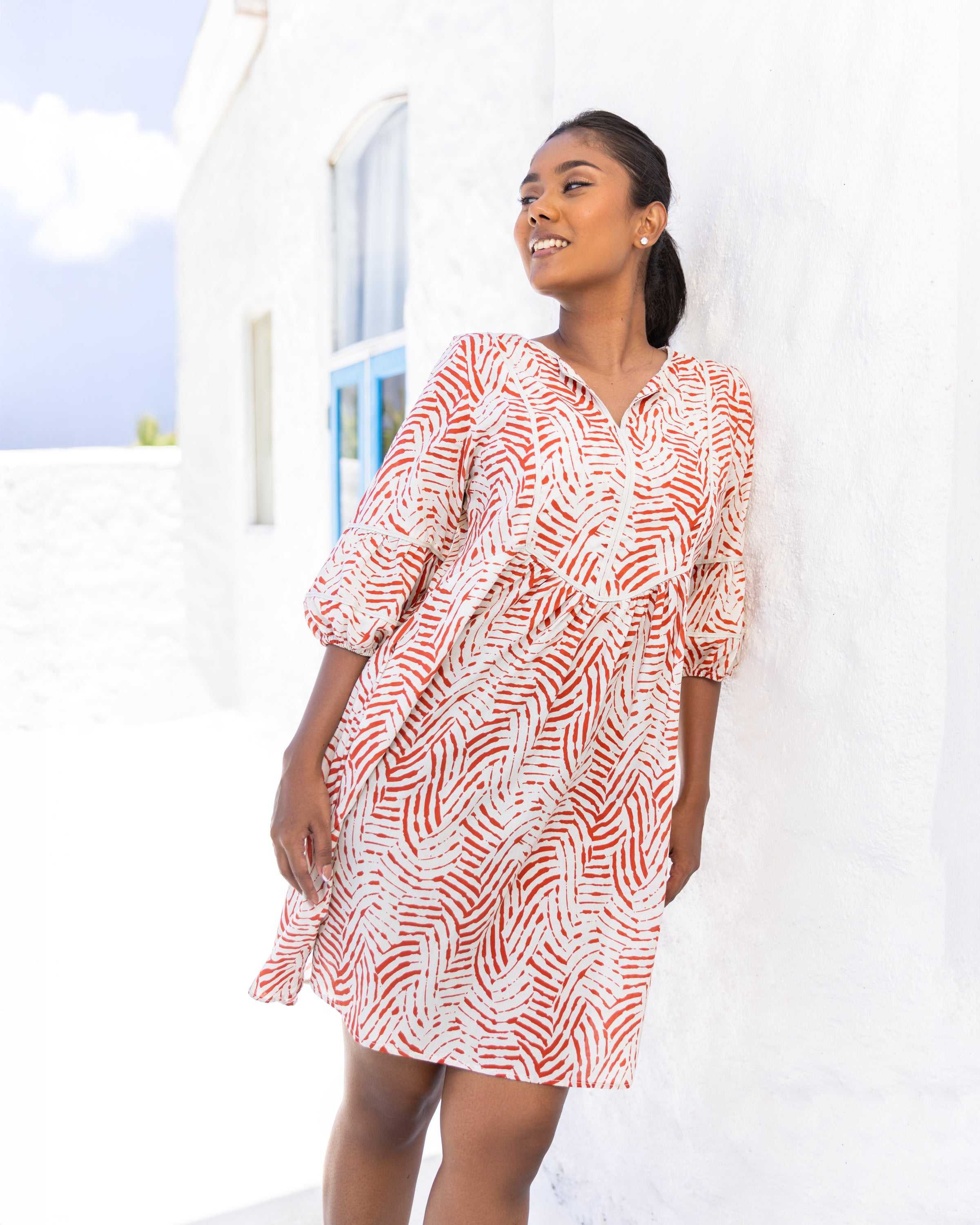 Calista Lace Detail Dress - Red Print