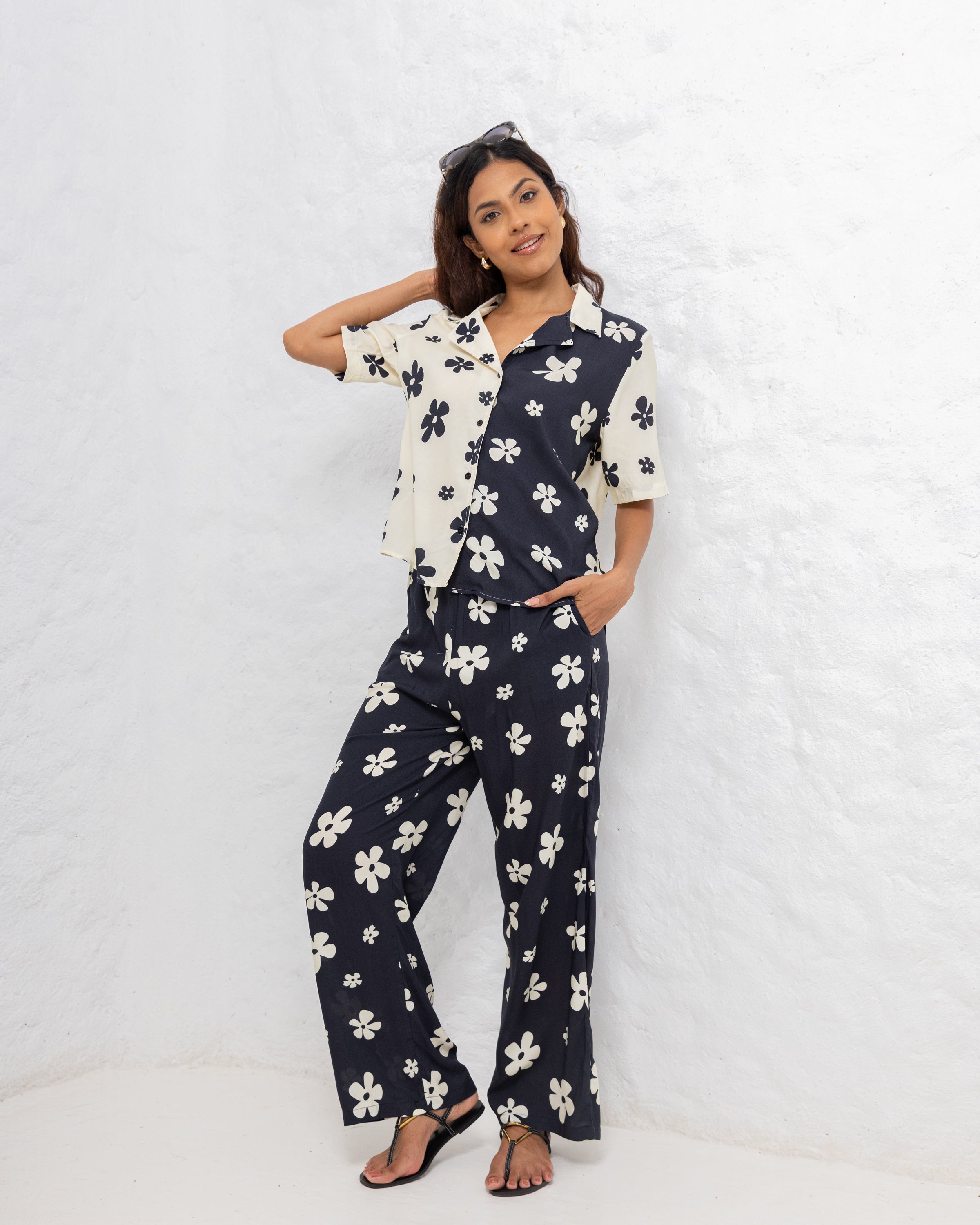 Stacy Floral Printed Straight Cut Pant - Black