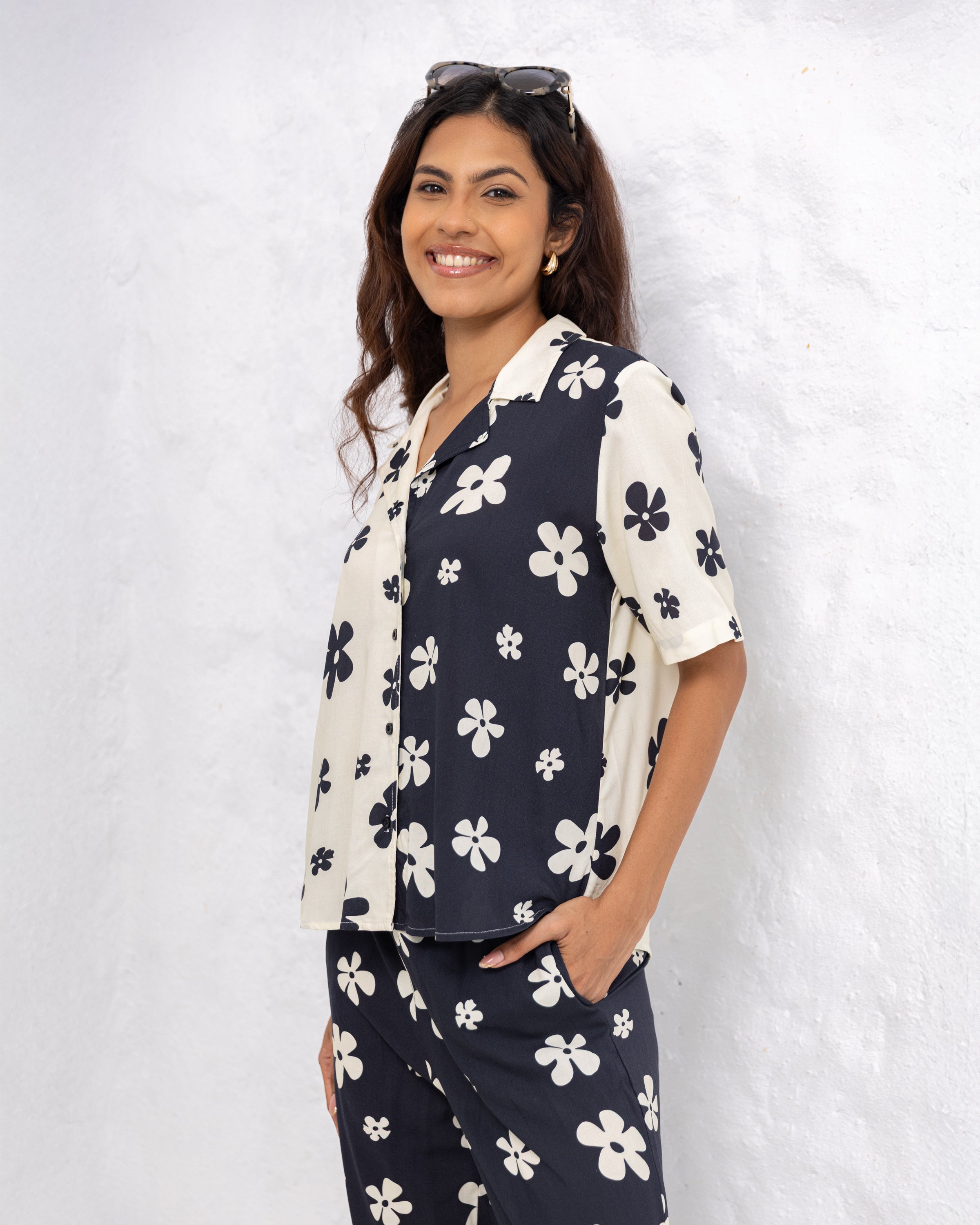 Stacy Floral Printed Shirt - Black & White