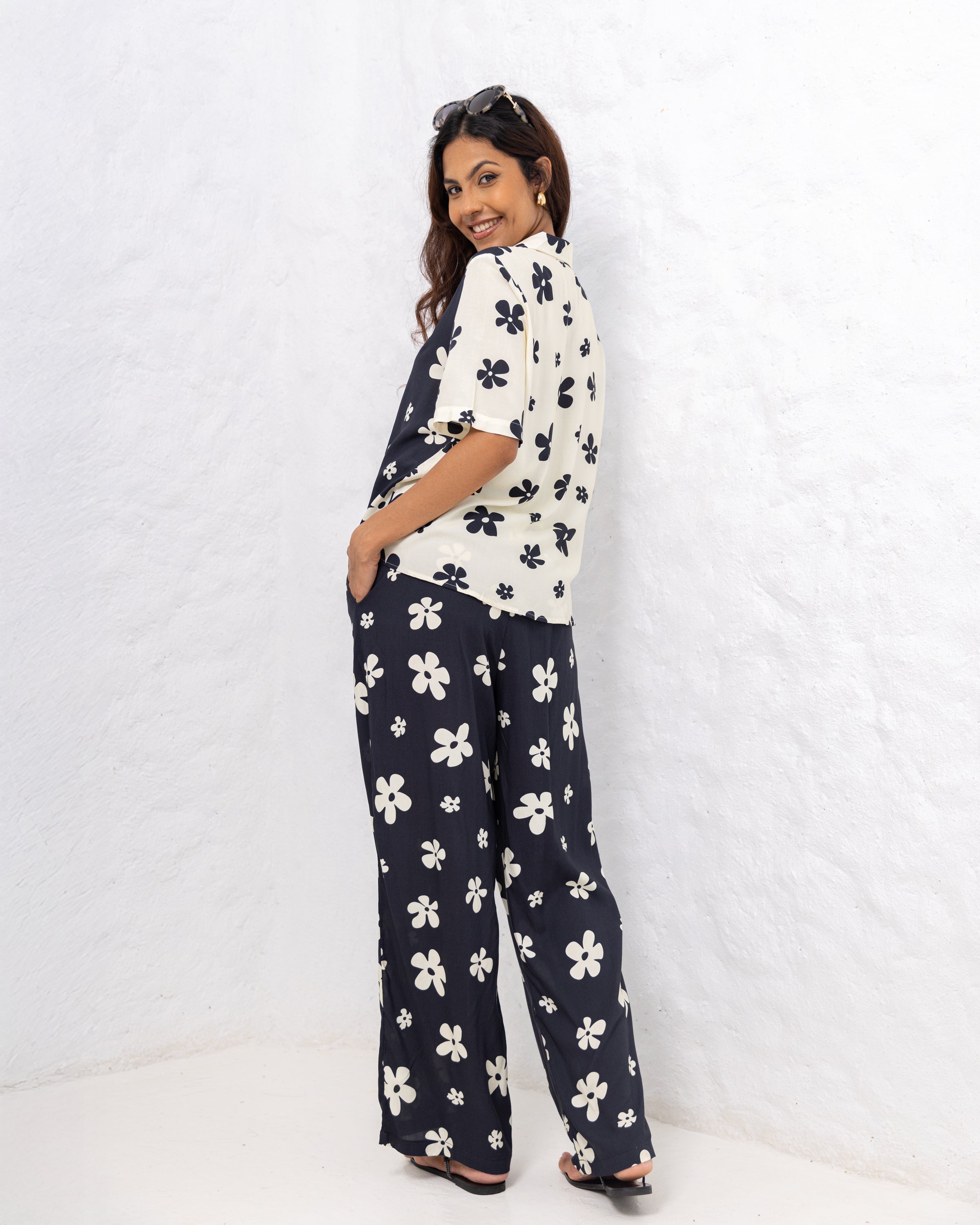 Stacy Floral Printed Straight Cut Pant - Black