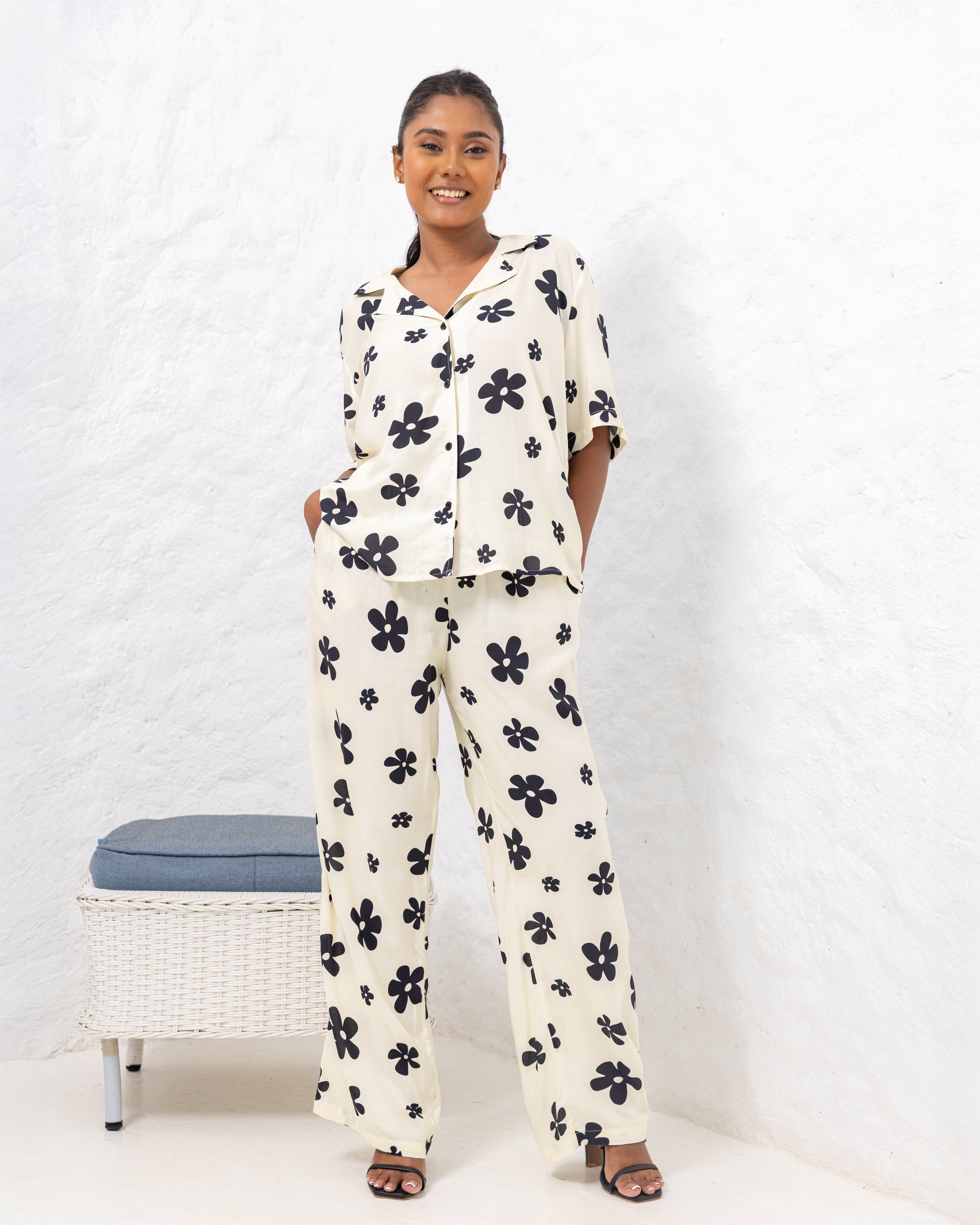 Stacy Floral Printed Straight Cut Pant - White