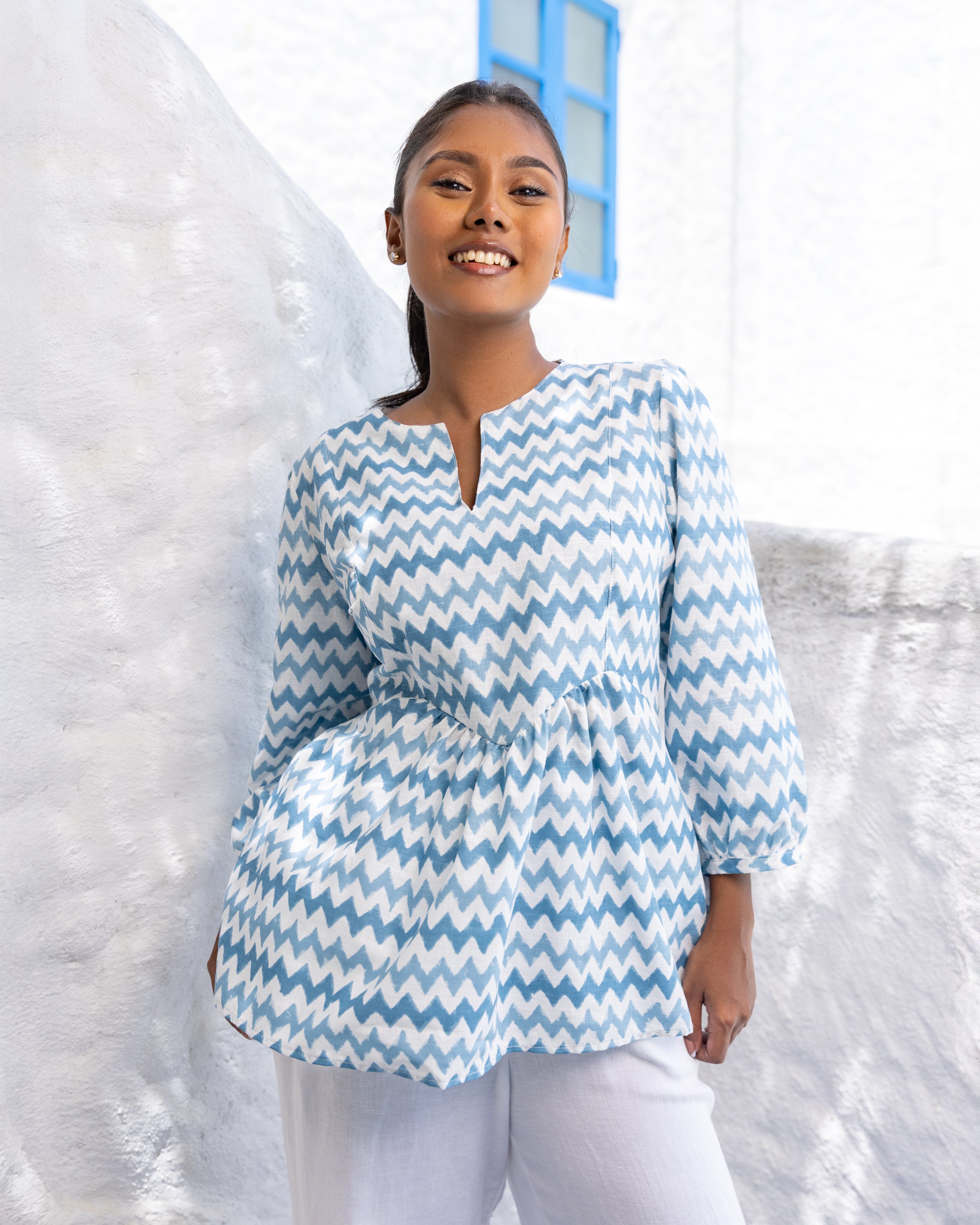 Ruhi Printed Cotton Blouse - Wave Printed