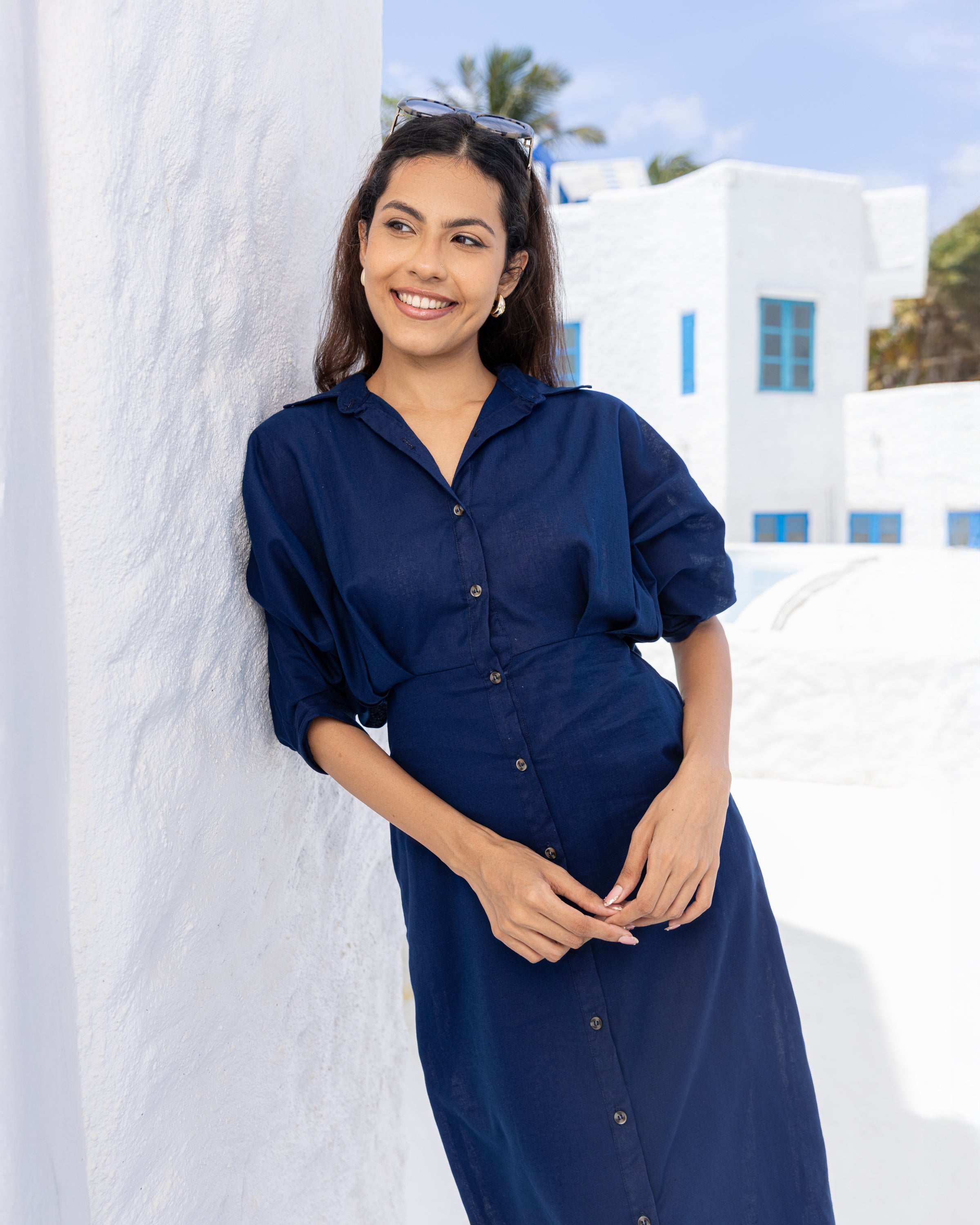 Oprah Cotton Midi Length Dress - Navy Blue