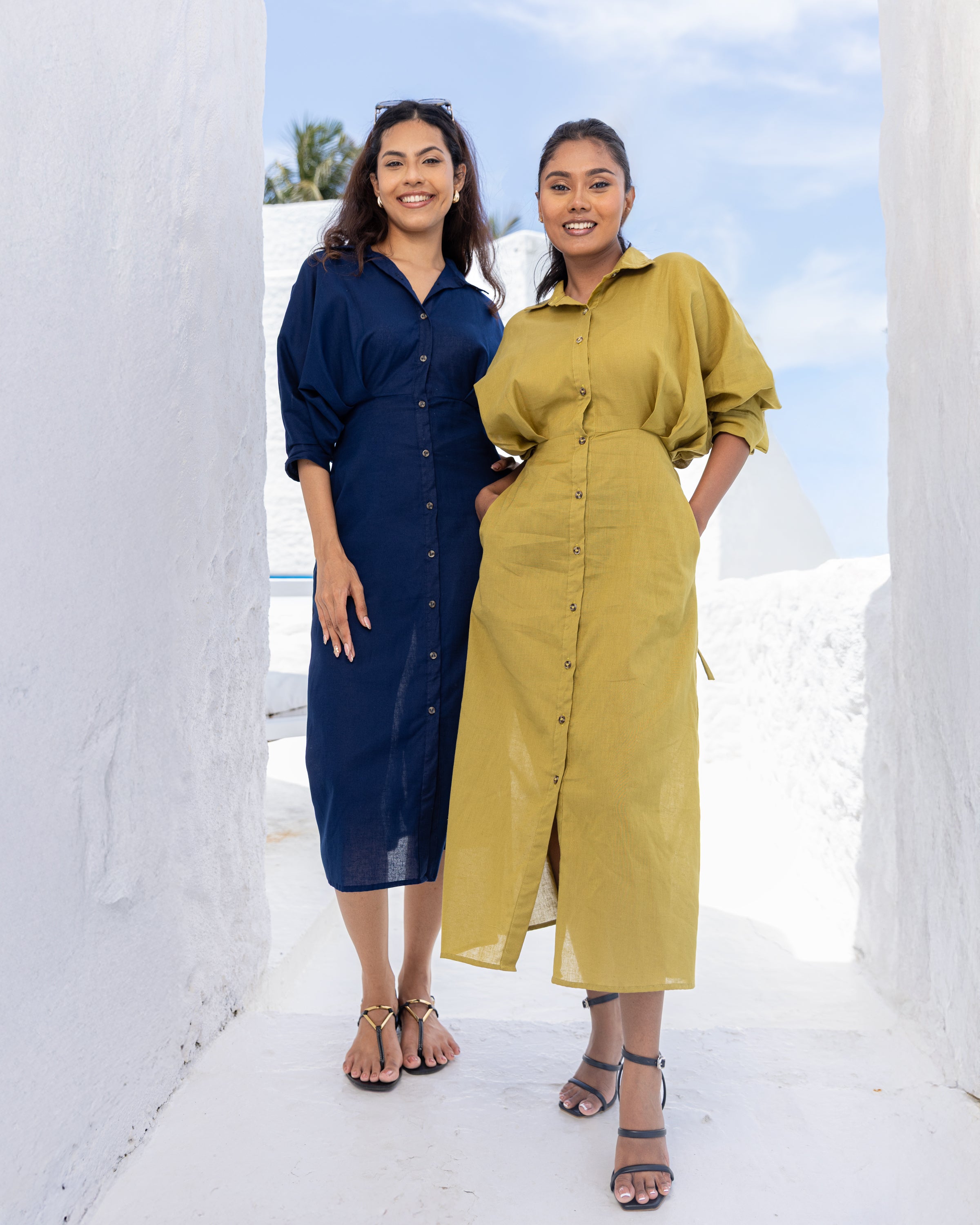 Oprah Cotton Midi Length Dress - Navy Blue