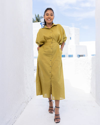 Oprah Cotton Midi Length Dress - Olive