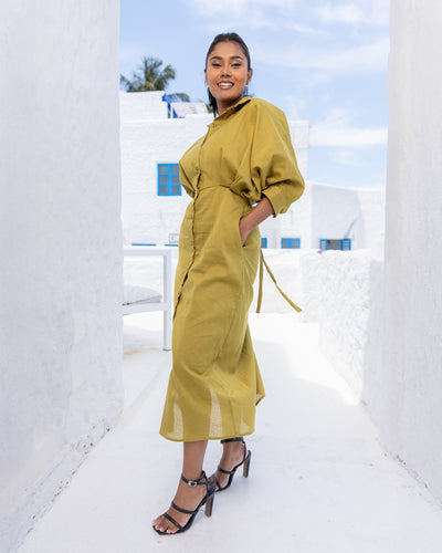 Oprah Cotton Midi Length Dress - Olive