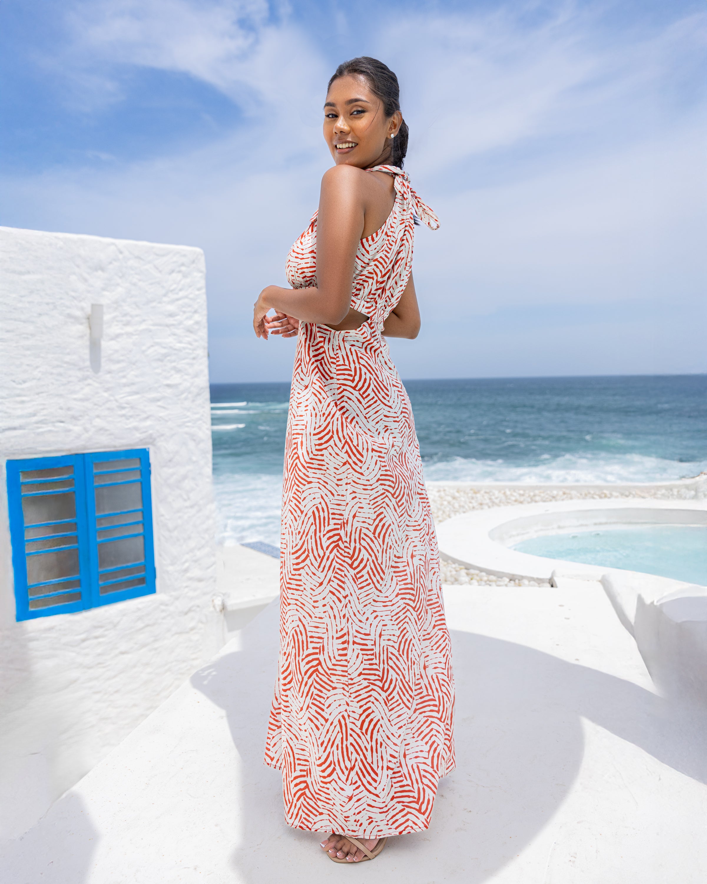 Heather Halter Neck Cutout Maxi Dress - Red Printed