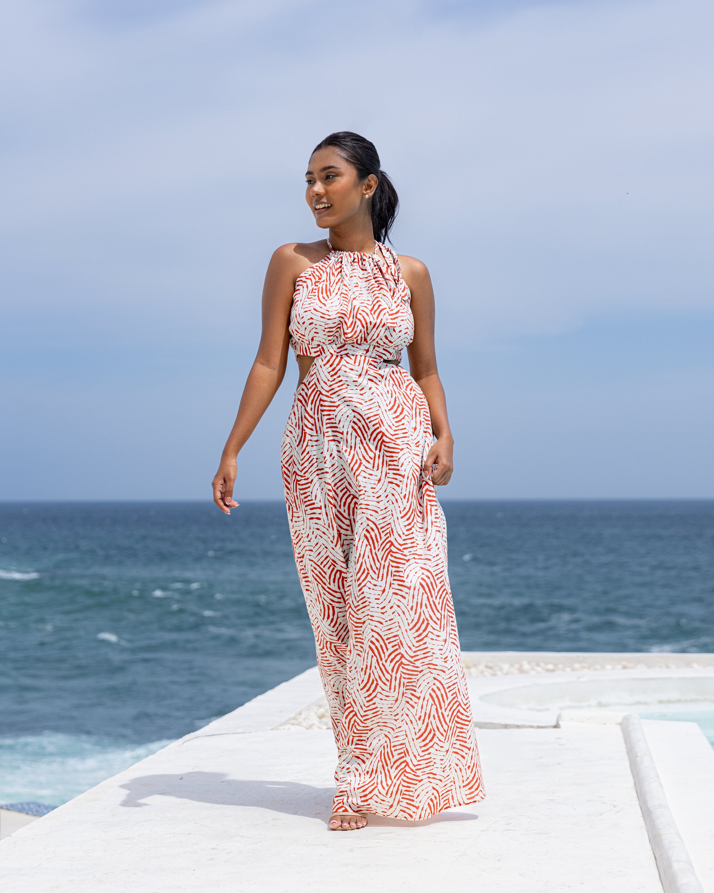 Heather Halter Neck Cutout Maxi Dress - Red Printed