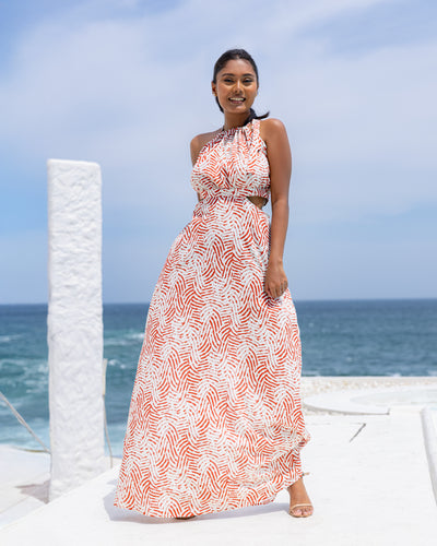 Heather Halter Neck Cutout Maxi Dress - Red Printed