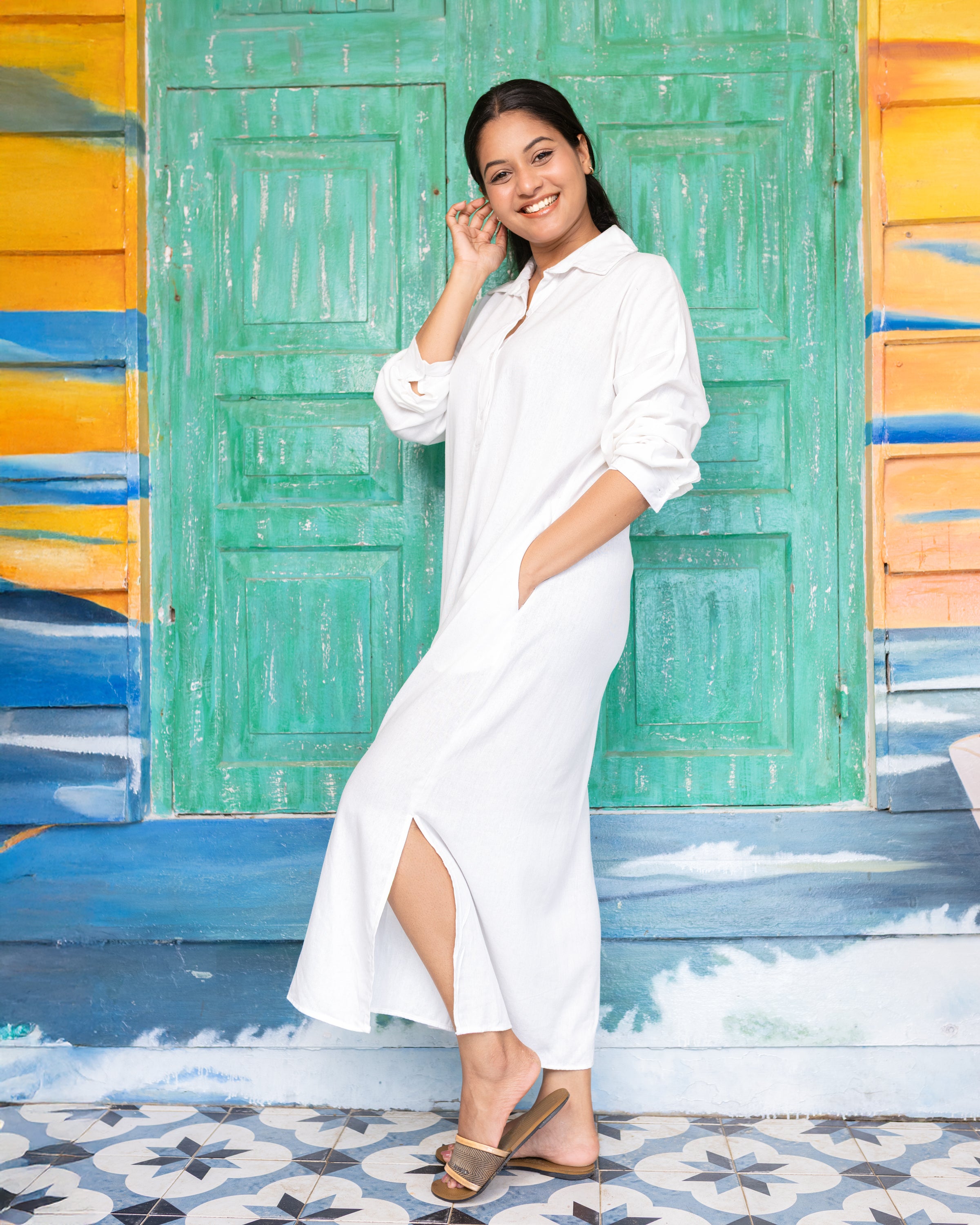 Nora Linen Shirt Dress - White