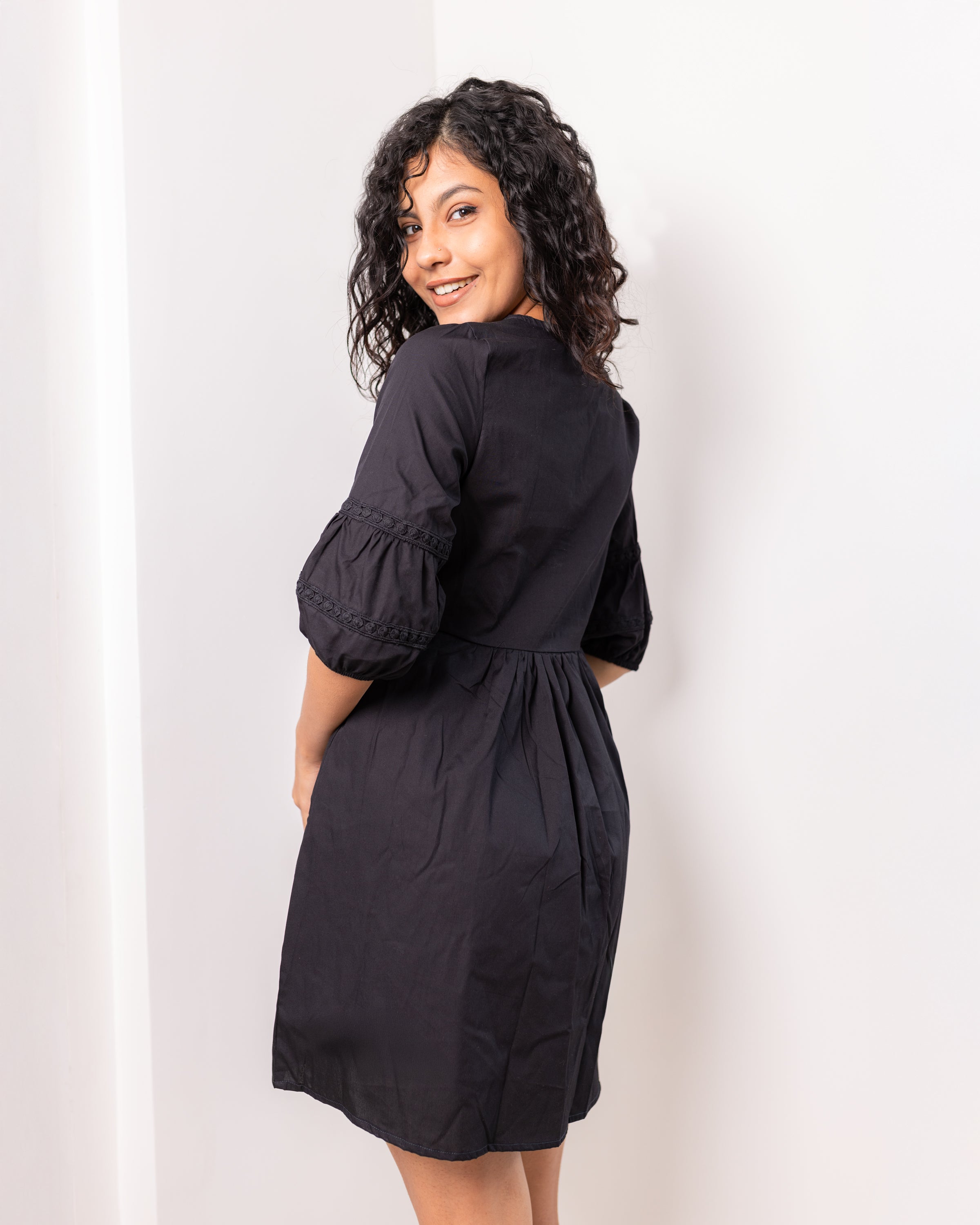 Calista Lace Detail Dress -  Black