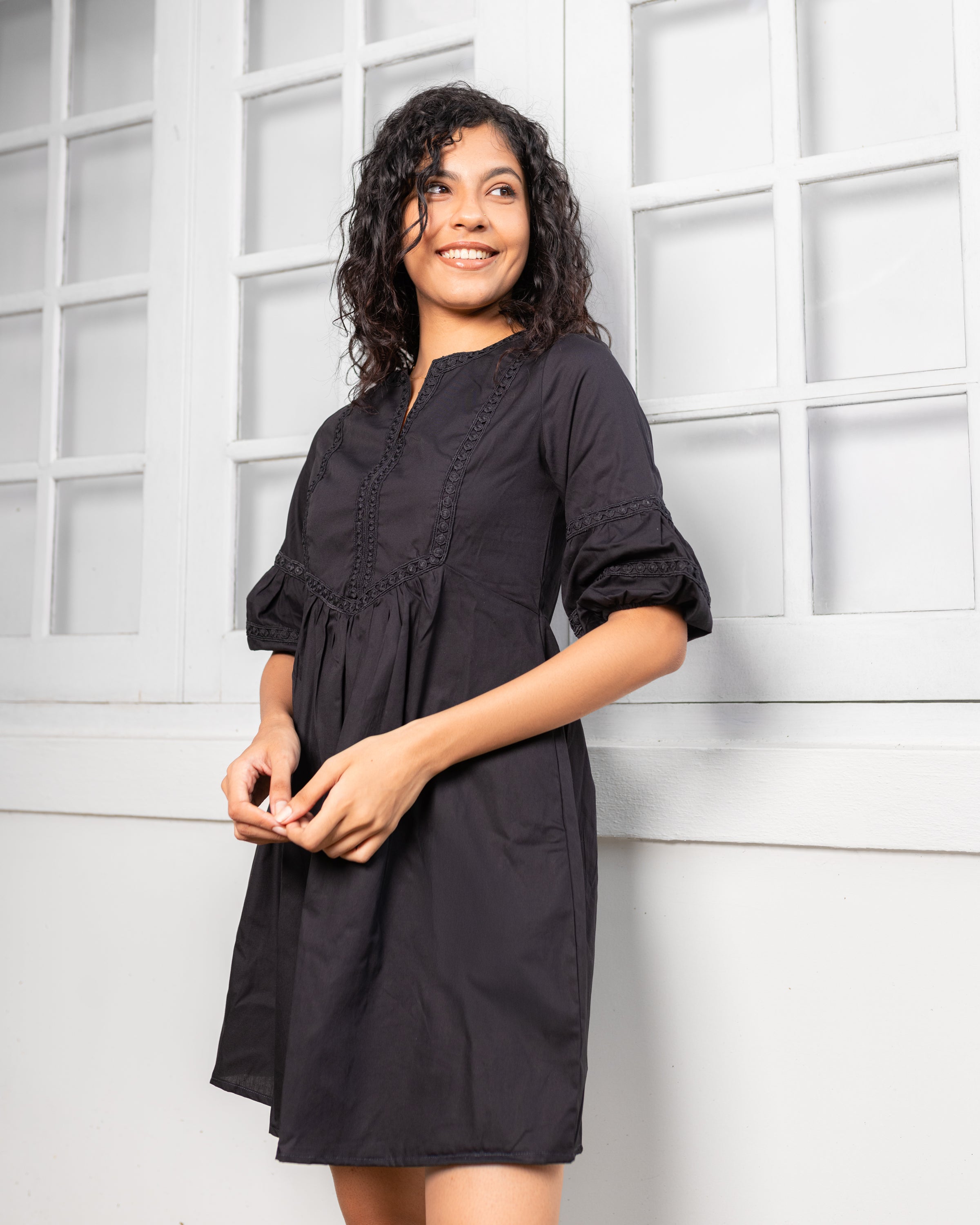 Calista Lace Detail Dress -  Black