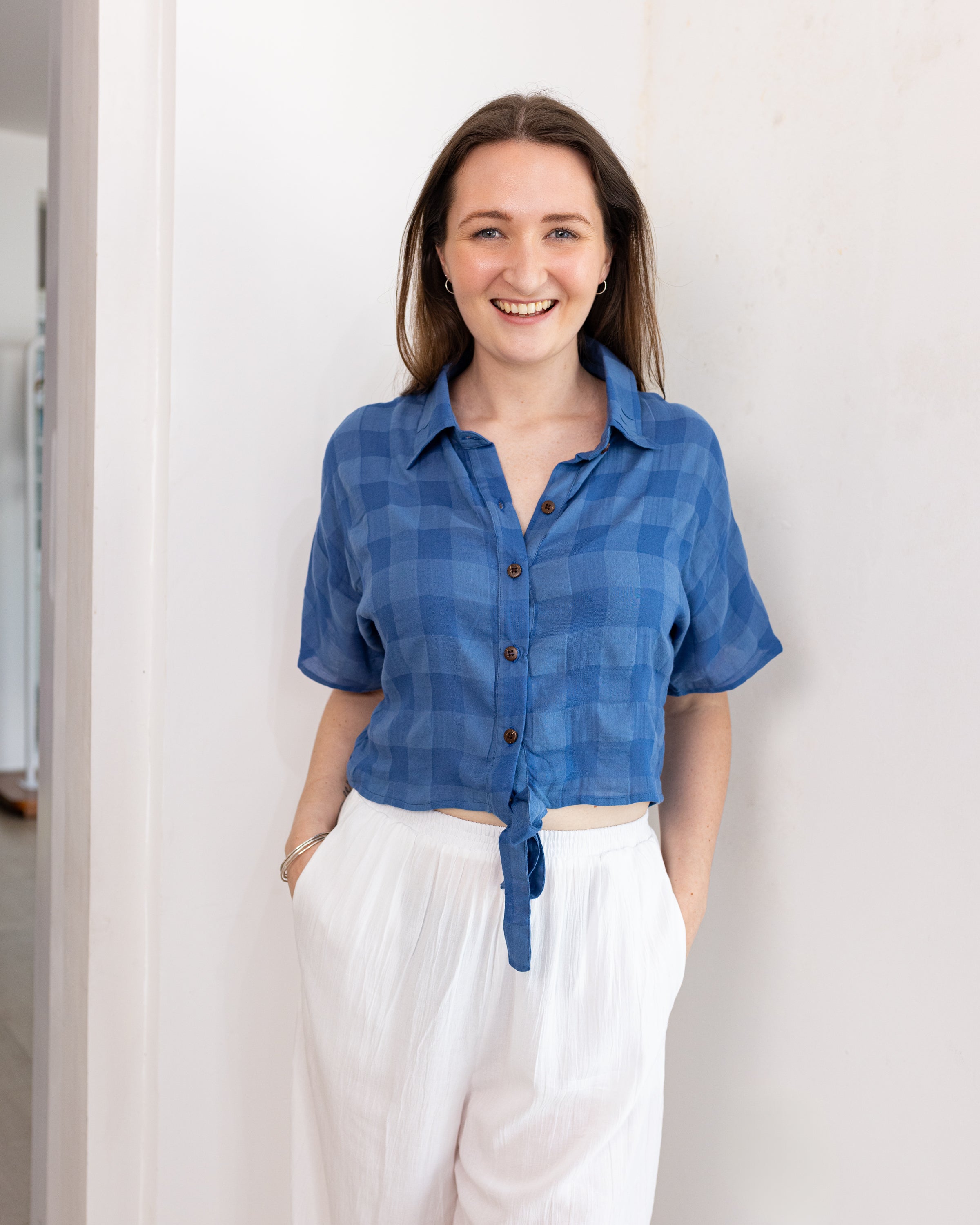 Leiah Tie Up Top -Checked Blue