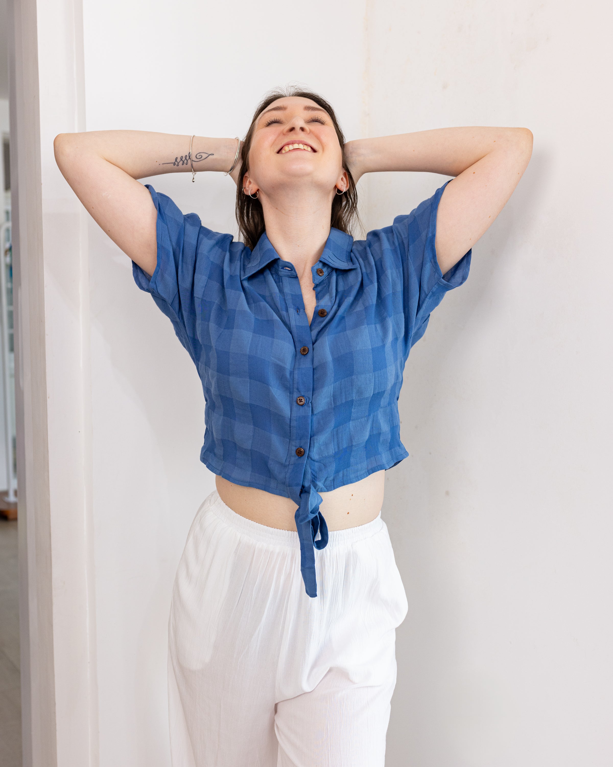 Leiah Tie Up Top -Checked Blue