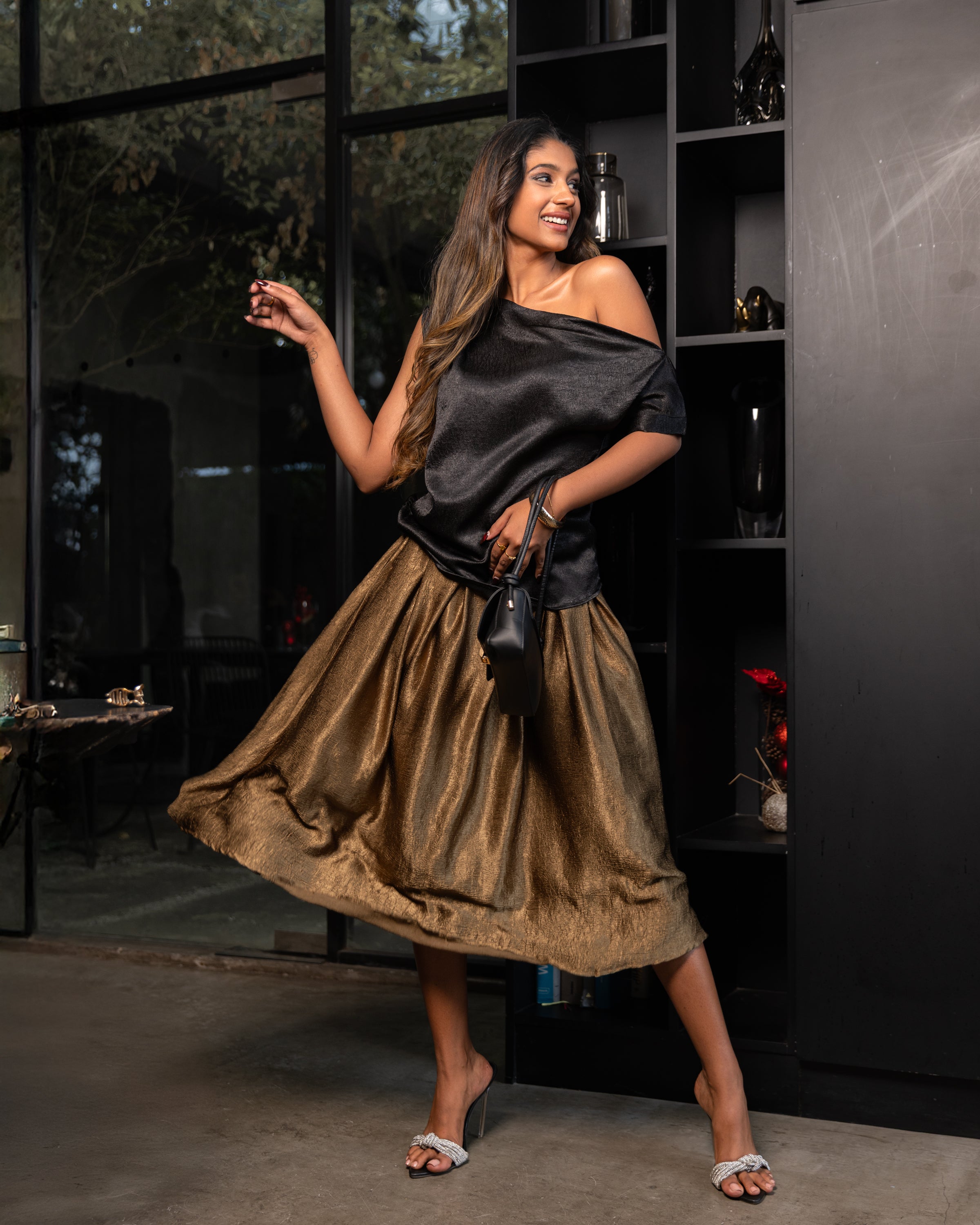 Crimson Pleated Satin Skirt - Bronze